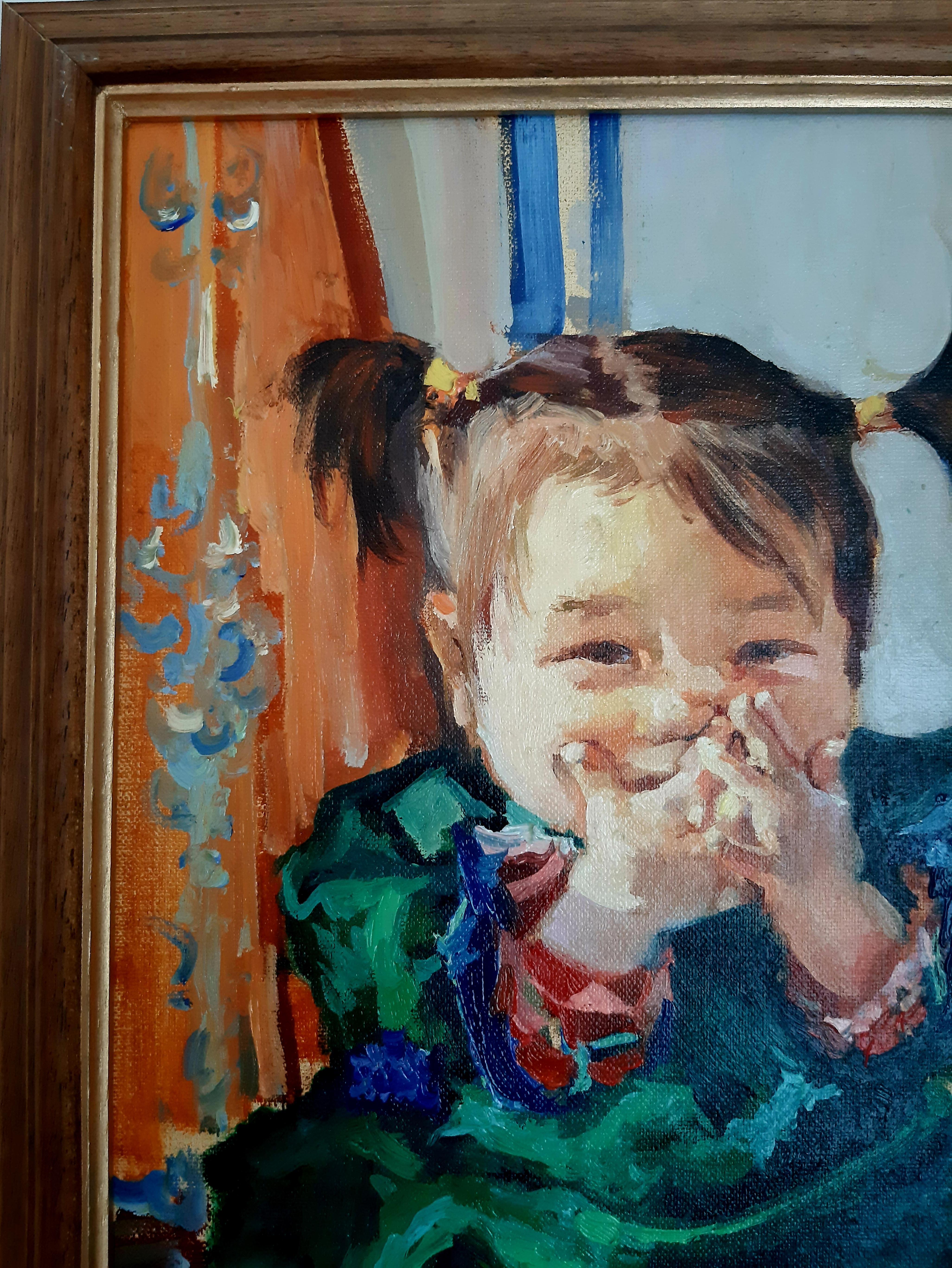 „Emotions of Crossed Fingers“  Porträt eines asiatischen Mädchens, Ölgemälde auf Leinwand (Impressionismus), Painting, von Max Skoblinsky 