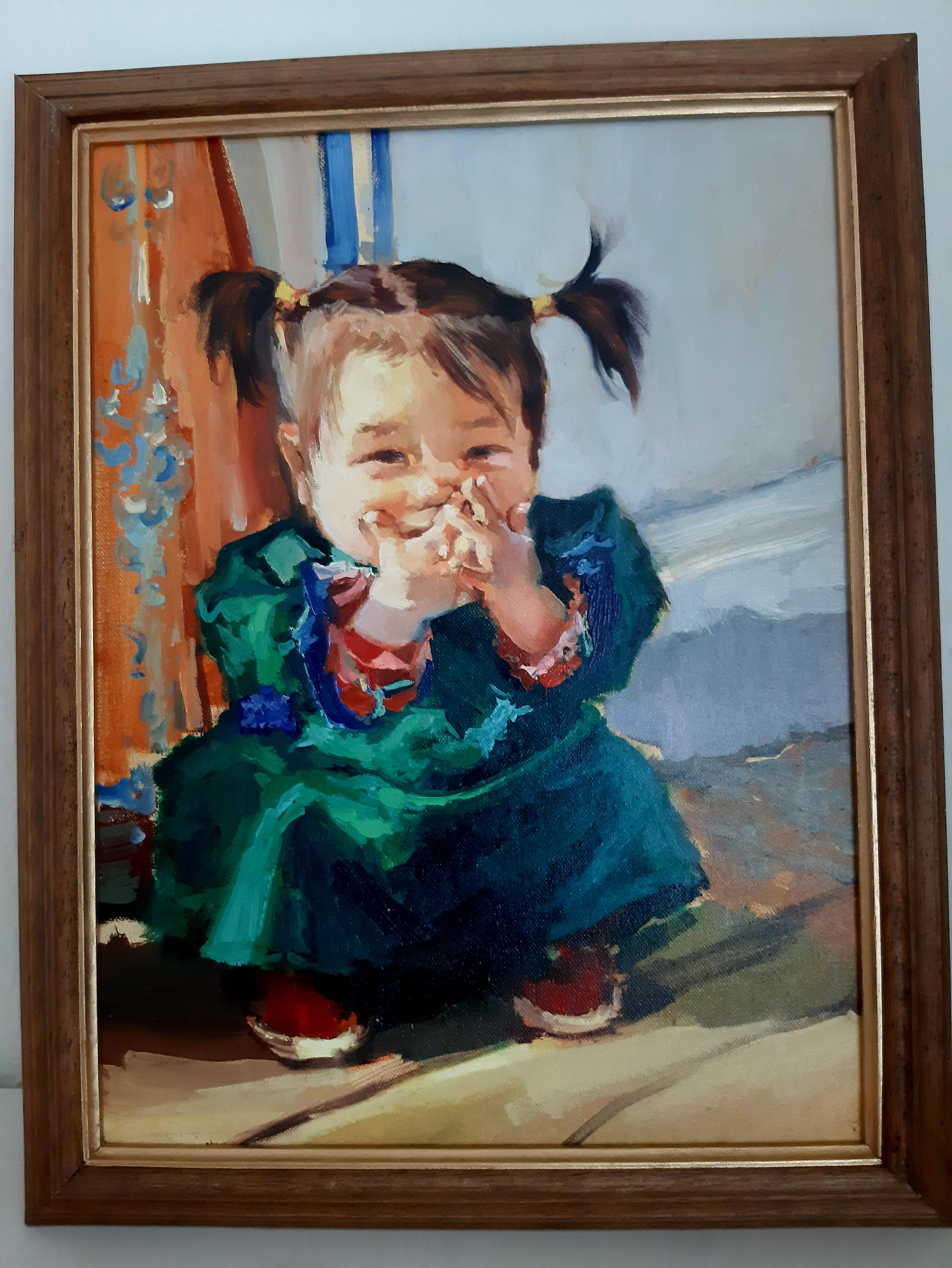  Oil on canvas. In this painting, we see a little girl sitting on her haunches and crossing her fingers near her face as if she holds a secret in her small hands. In this simple gesture, the emotions and mood of the little child are