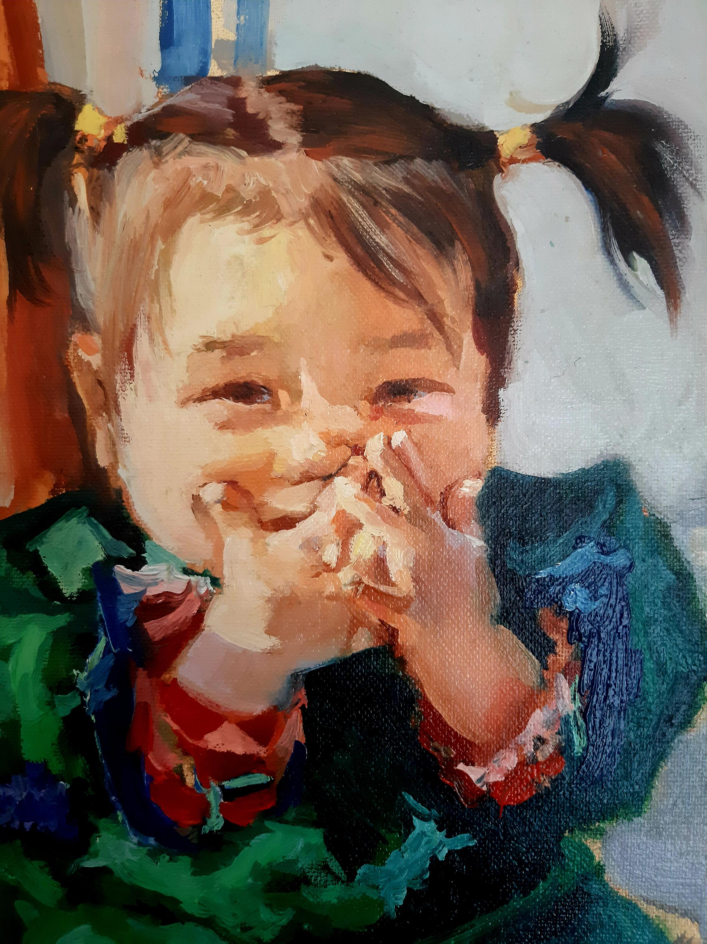 „Emotions of Crossed Fingers“  Porträt eines asiatischen Mädchens, Ölgemälde auf Leinwand im Angebot 1