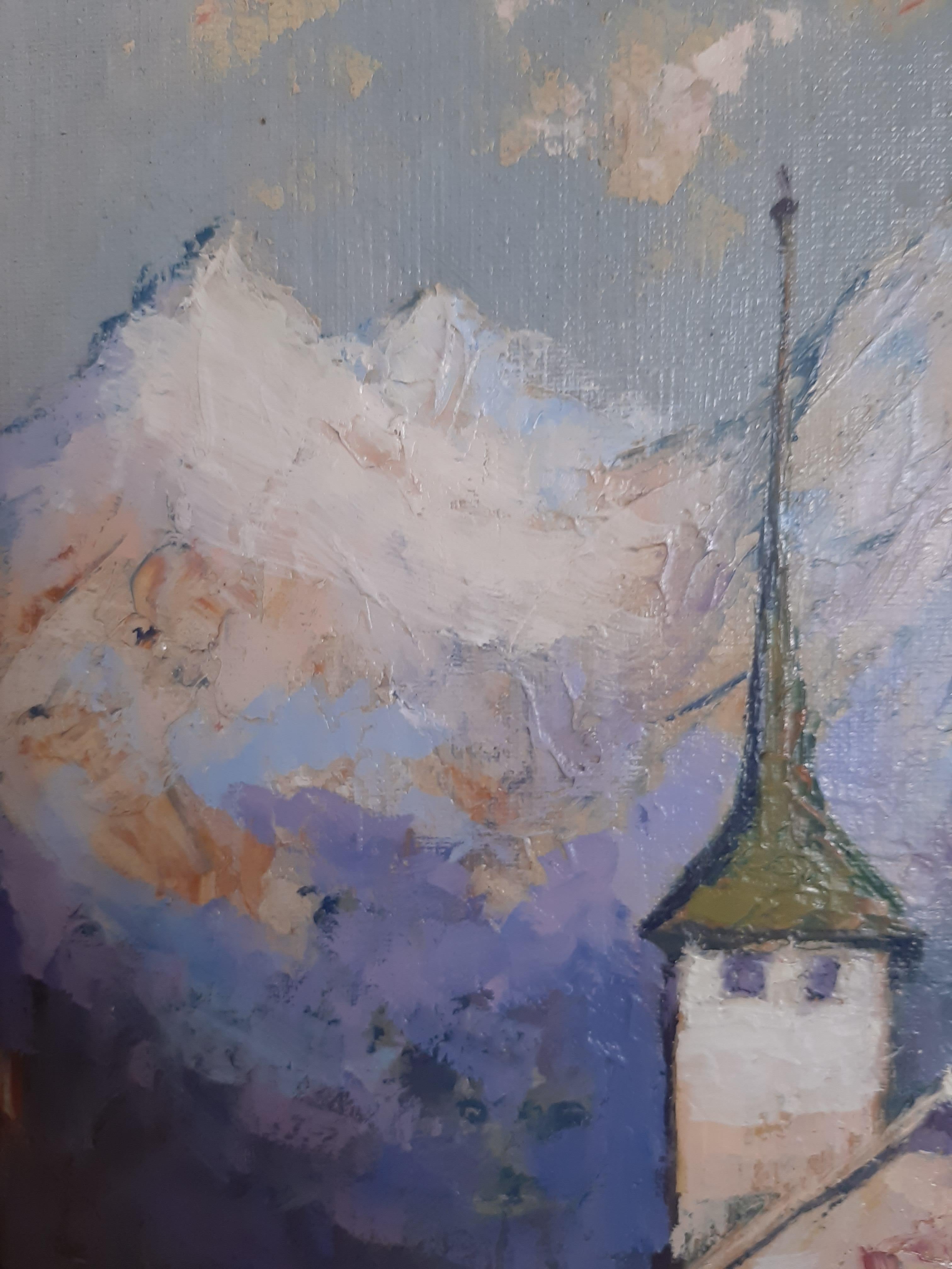 Harmony Peaks: White Church Alpine Mountains. Impressionist Landscape Oil  For Sale 2