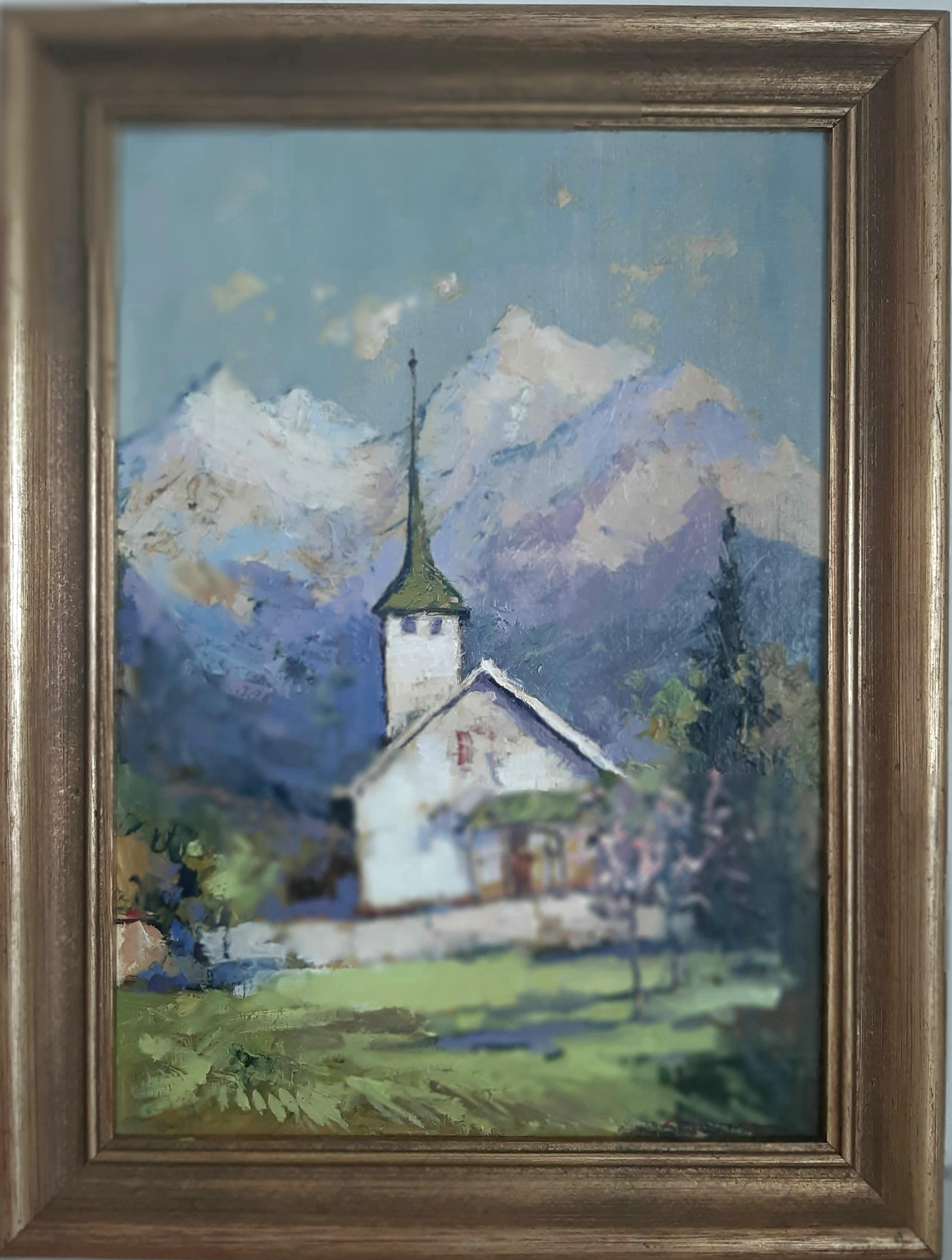 Harmony Peaks: White Church Alpine Mountains. Landscape..Print on Canvas  - Painting by Max Skoblinsky 