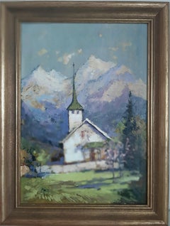 Harmony Peaks : White Church Alpine Mountains Paysage..Impression sur toile 
