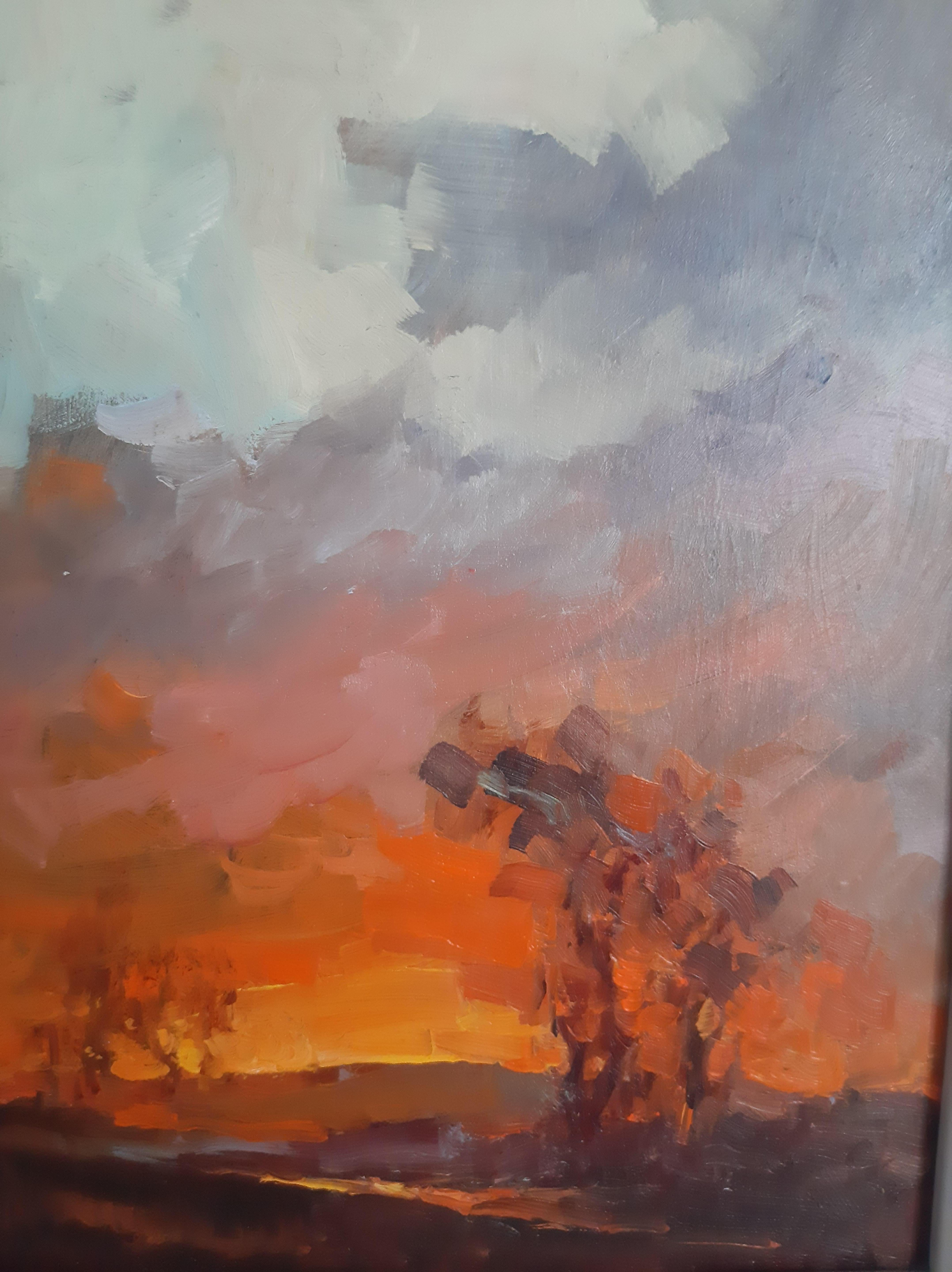 „Licht von Sonnenuntergang: Harmonie und Zwang in der Landschaft“  Öl auf Karton
Dieses Landschaftsgemälde in Öl stellt die Natur und ihre emotionale Wirkung auf beeindruckende Weise dar. Das Fundament der Komposition bildet der Himmel, der in
