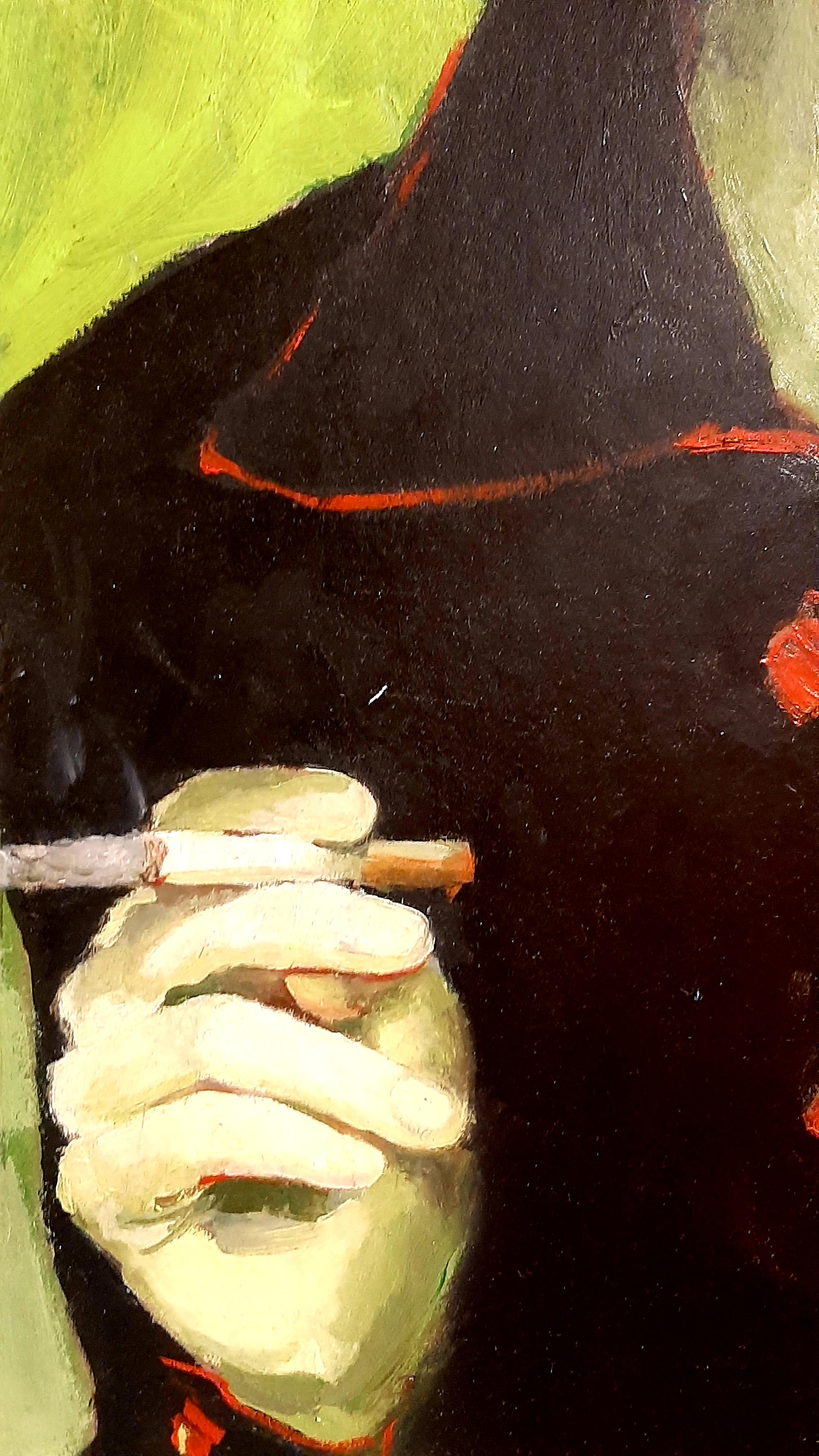 The ember of the cigarette still glows, but her gaze is already elsewhere – in a world where thoughts smolder slowly. Shadows slide across her face, breaking it into light and doubt, while time stretches in the smoke. There is no answer here, only