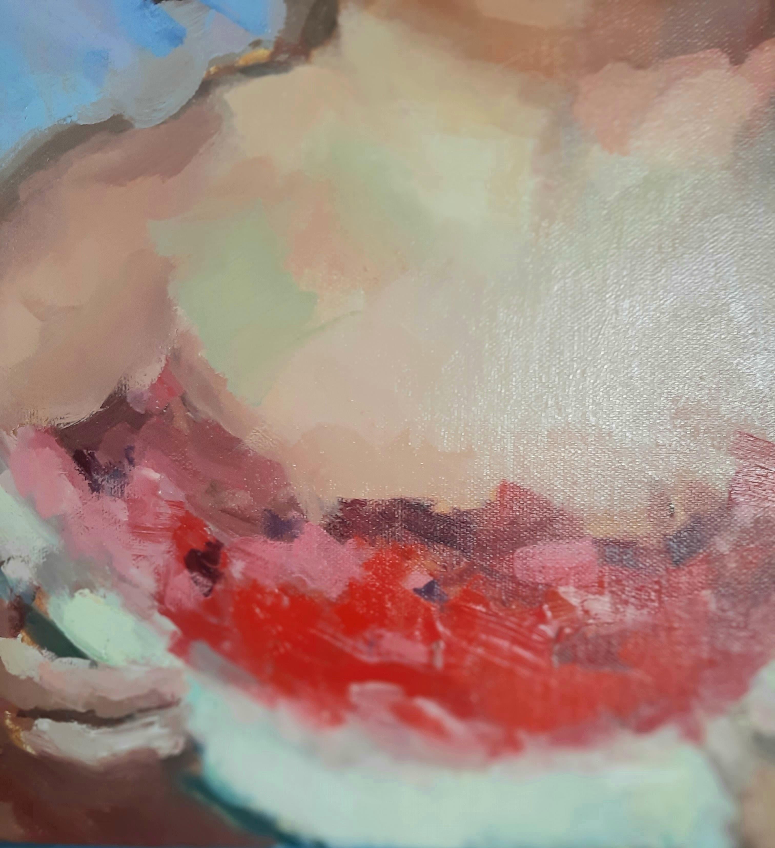 Bliss ensoleillé : The Aroma of Summer Watermelon. Portrait  Peinture à l'huile sur toile en vente 1