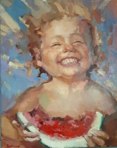 Sunshine Bliss: The Aroma of Summer Watermelon. Portrait  Oil painting on canvas