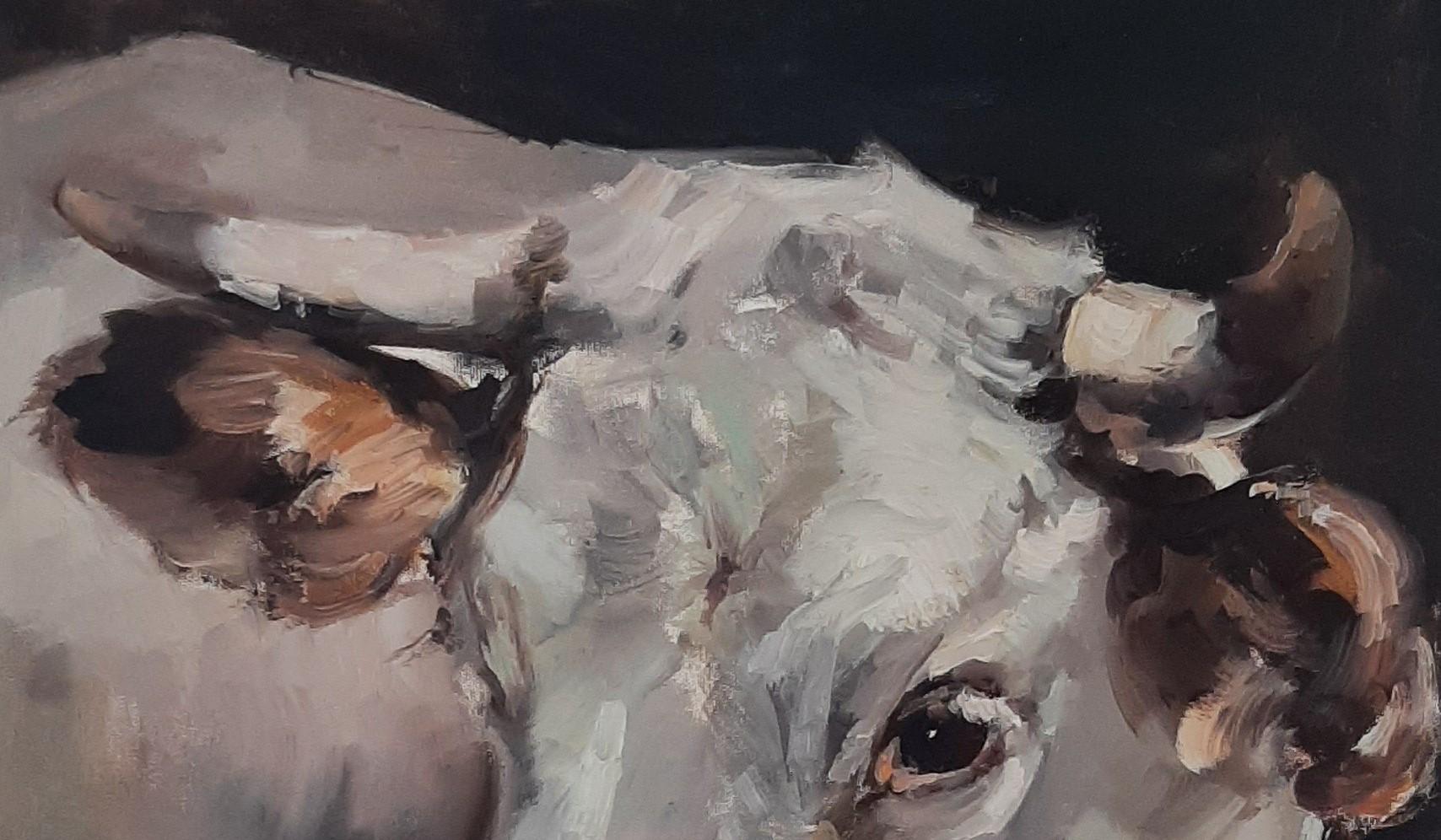 Unrivaled Fascination: White Cow's Energetic Presence on a Dark Surface.  - Painting by Max Skoblinsky 