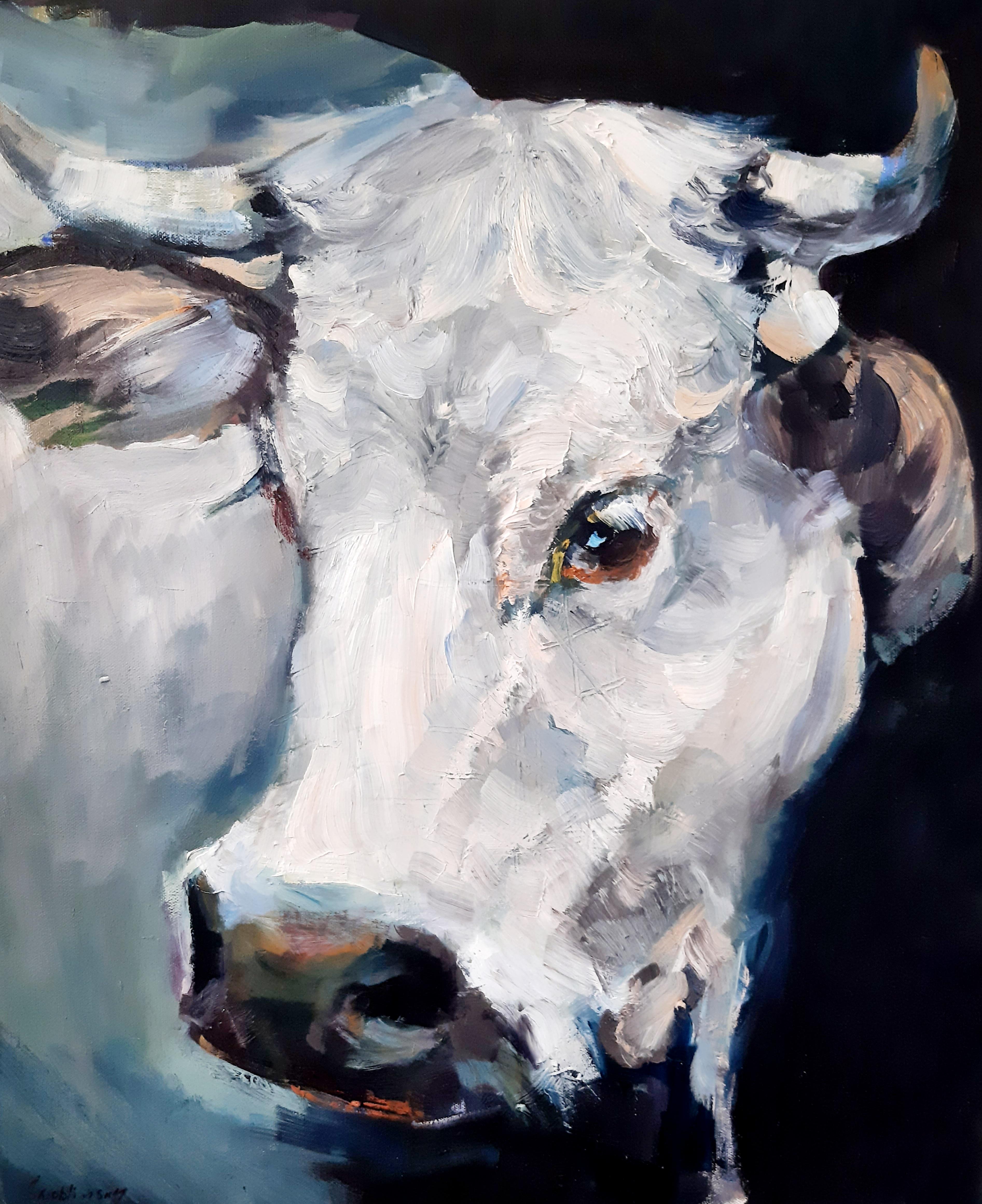 Max Skoblinsky  Animal Painting - Unrivaled Fascination: White Cow's Energetic Presence on a Dark Surface. 