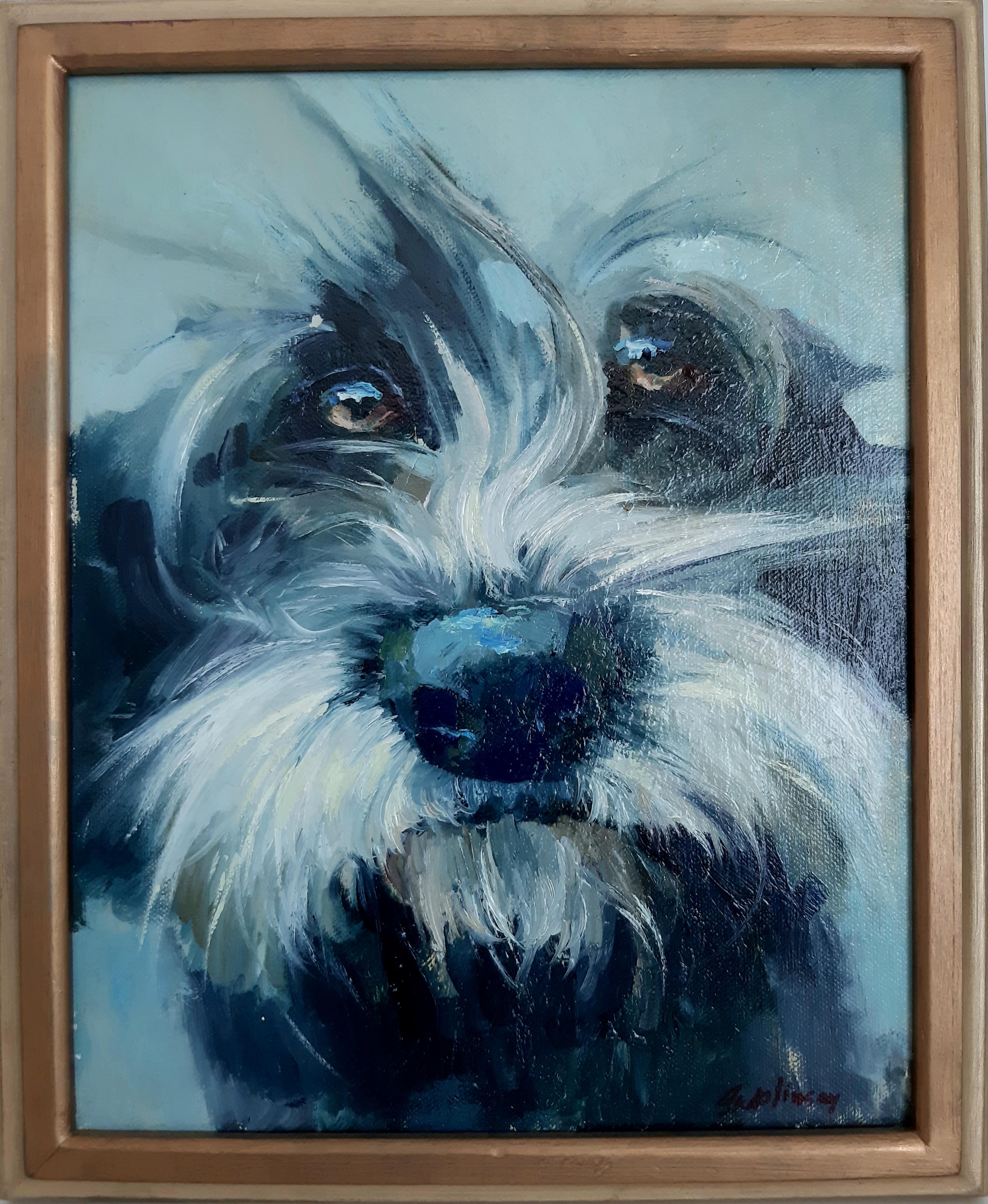 In this oil painting, we observe a portrait of a dog gazing at the viewer. Its eyes are brimming with questions as if it's asking, 