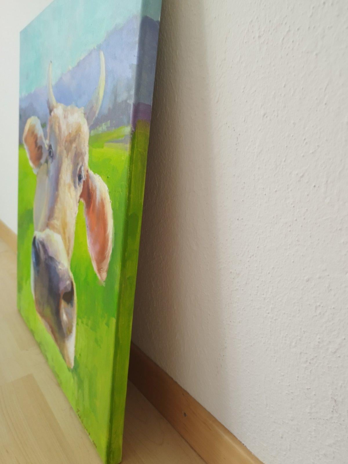 Incantevole muso di mucca in avvicinamento. Divertente pittura ad olio con animali della fattoria - Painting Impressionismo di Max Skoblinsky