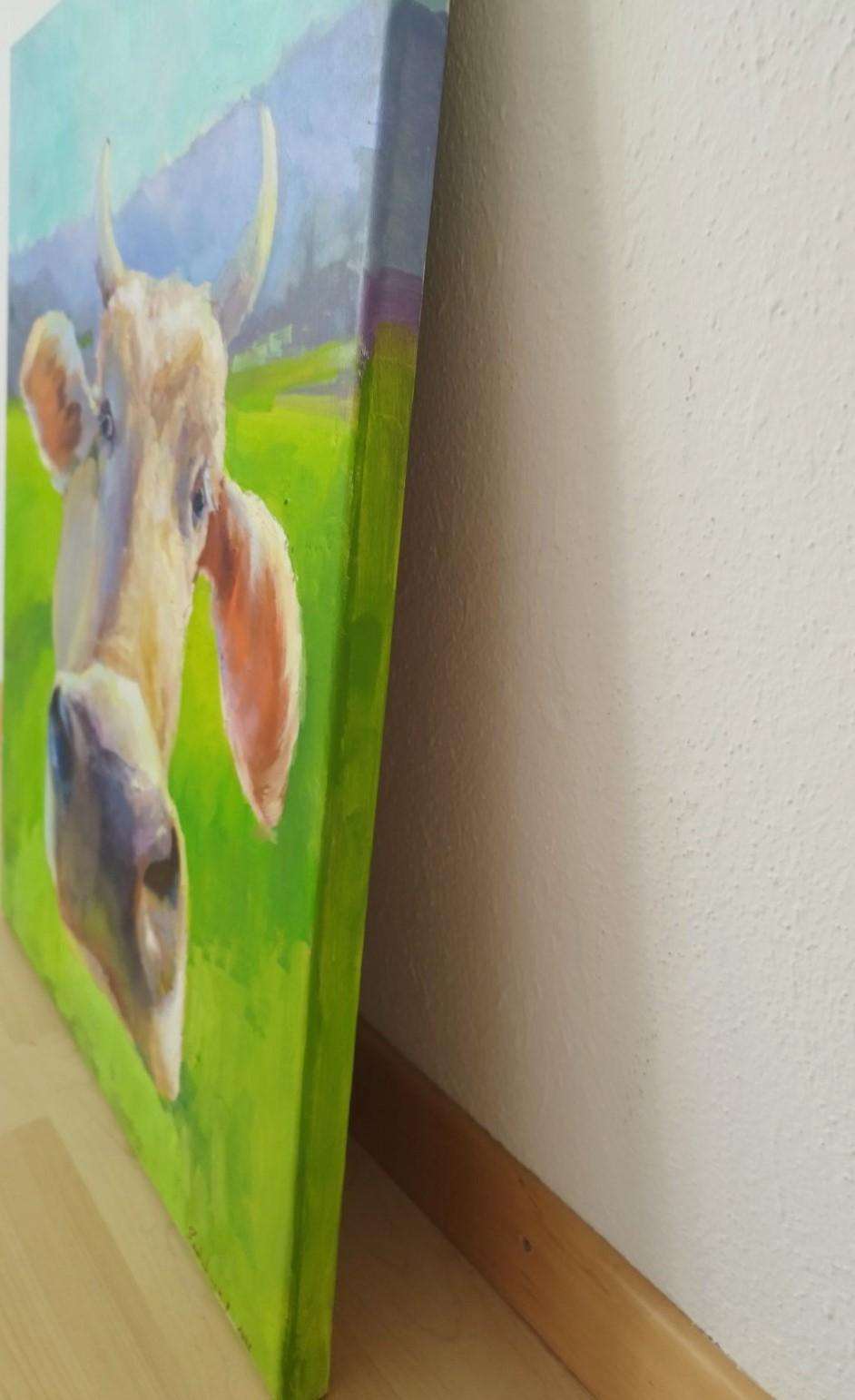 Enchanting Cow Muzzle in Approach. Funny oil painting with farm animal For Sale 1