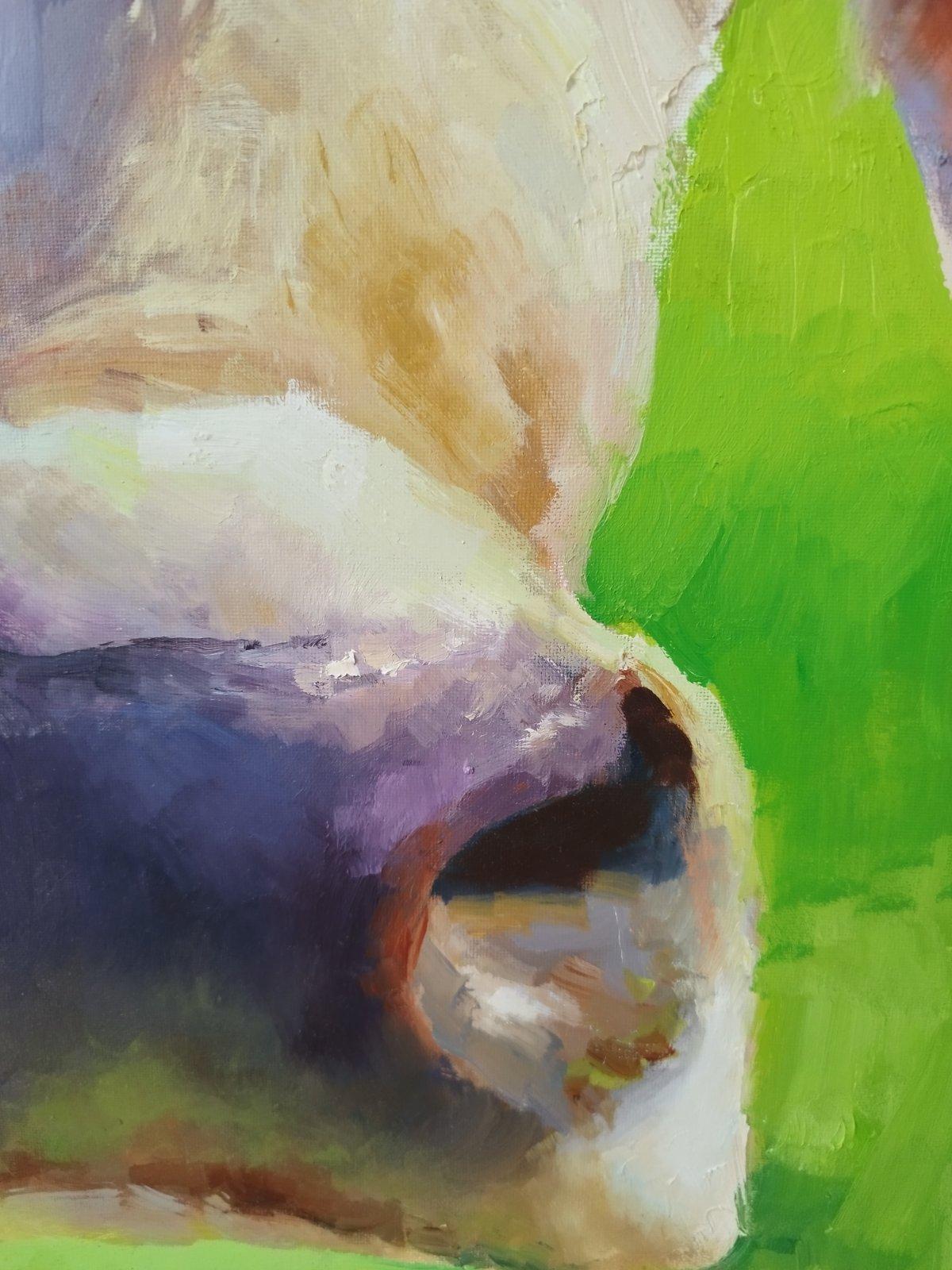 Incantevole muso di mucca in avvicinamento. Divertente pittura ad olio con animali della fattoria in vendita 1
