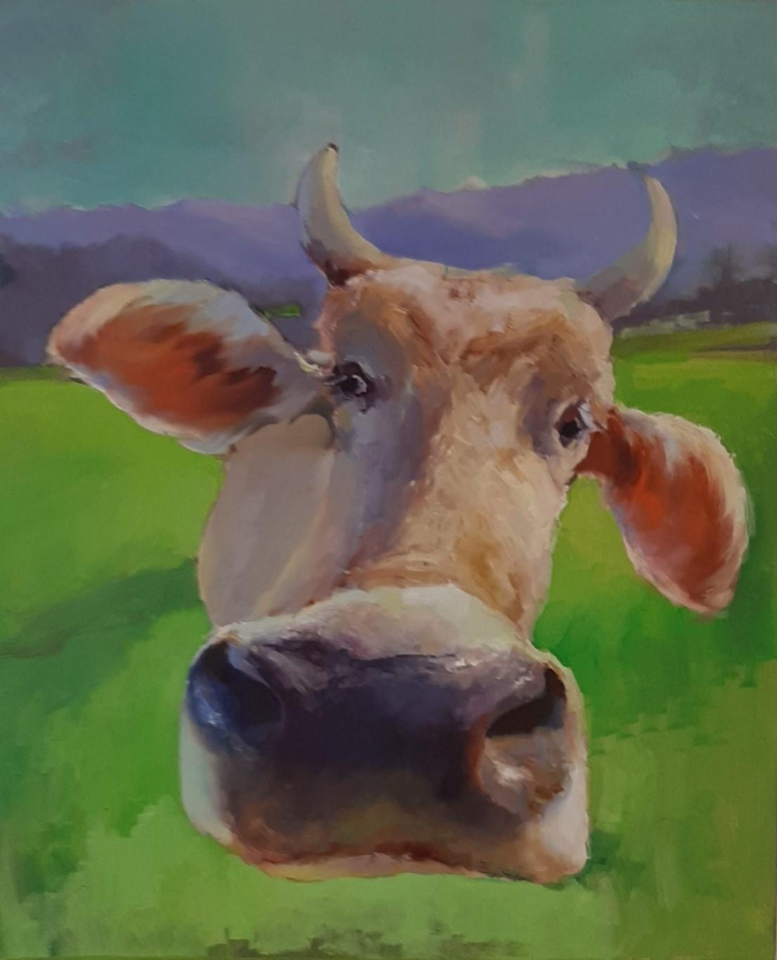 Incantevole muso di mucca in avvicinamento. Divertente pittura ad olio con animali della fattoria in vendita 2