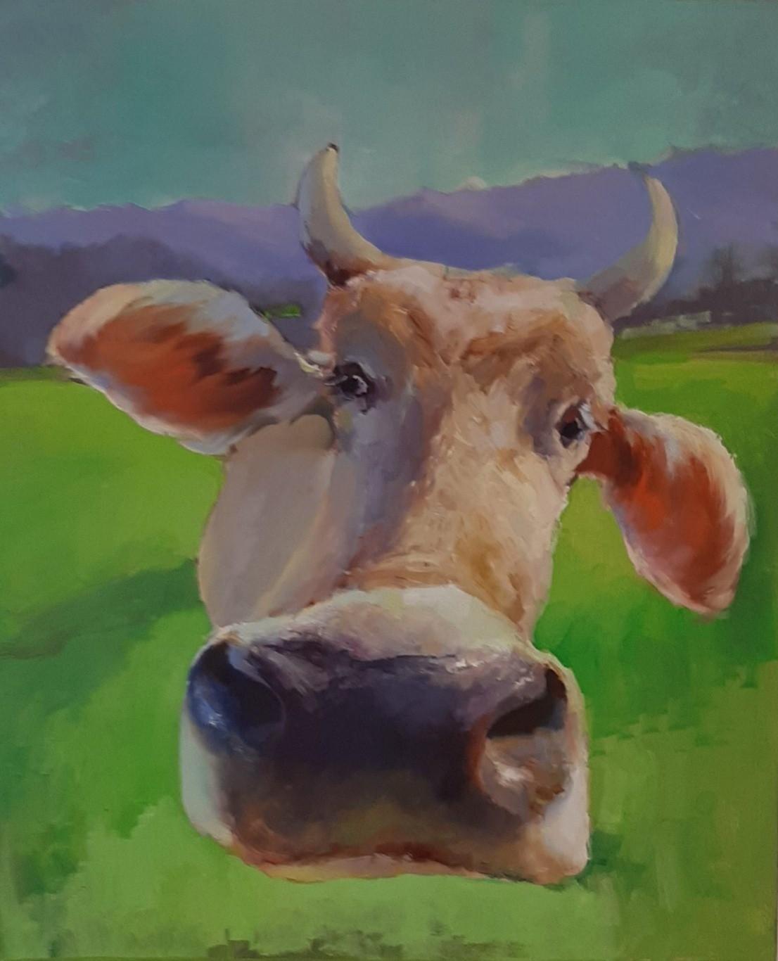 Max Skoblinsky Animal Painting - Enchanting Cow Muzzle in Approach. Funny oil painting with farm animal