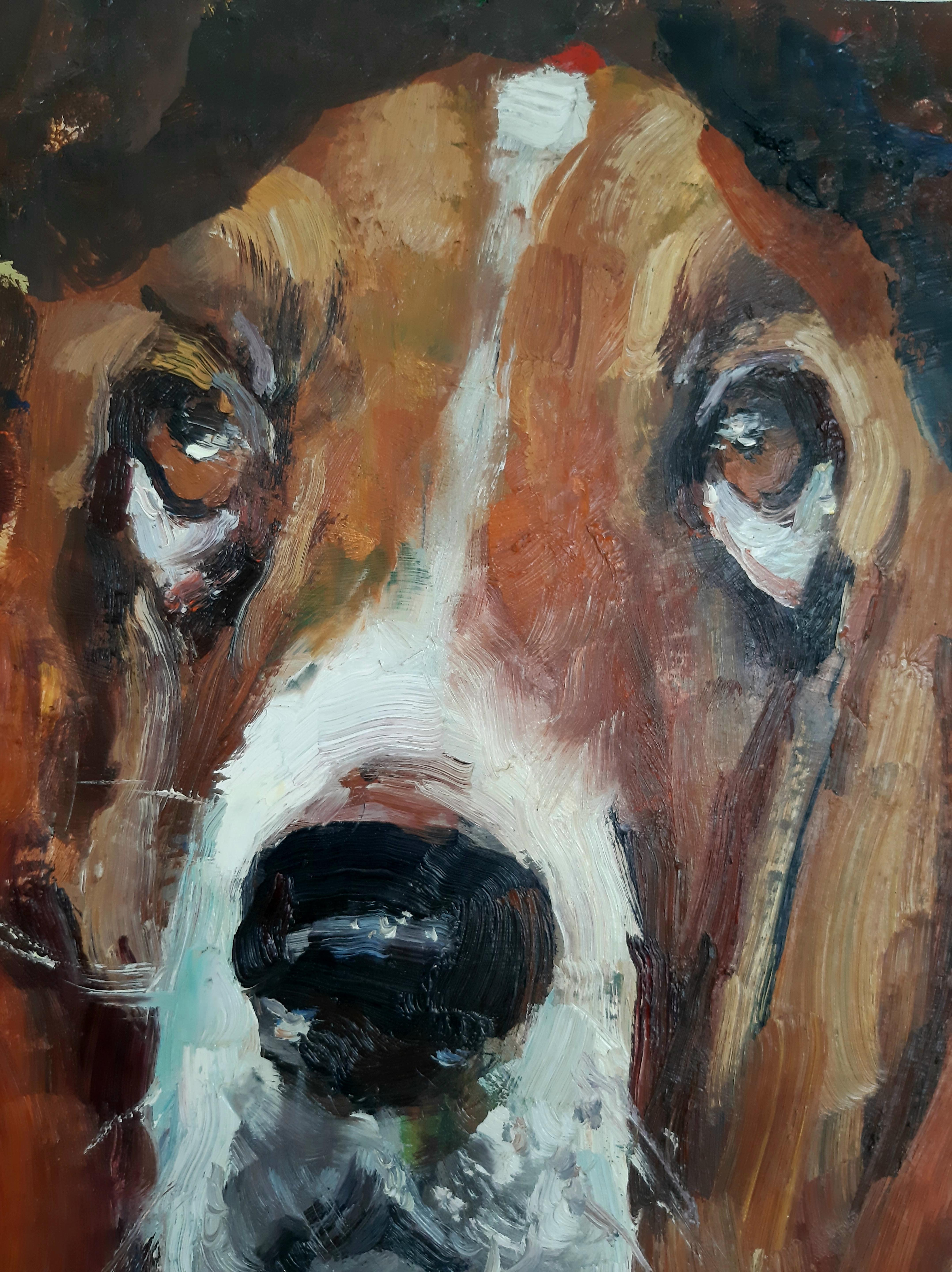 „Enchantment of the Gaze: Porträt eines Basset-Hunds, das innere Emotionen widerspiegelt“ (Impressionismus), Painting, von Max Skoblinsky