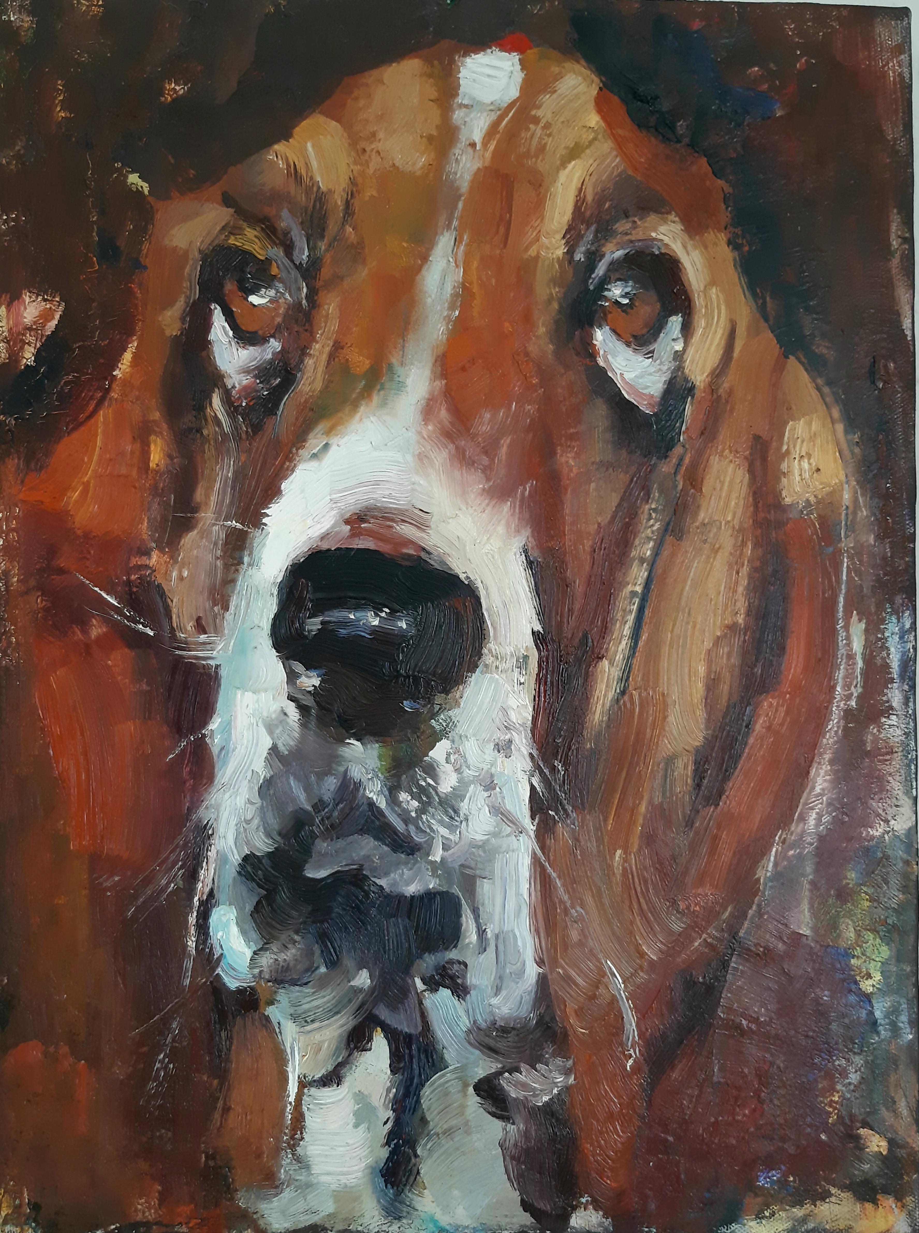 Max Skoblinsky Animal Painting - "Enchantment of the Gaze: Portrait of a Basset Hound Reflecting Inner Emotions"