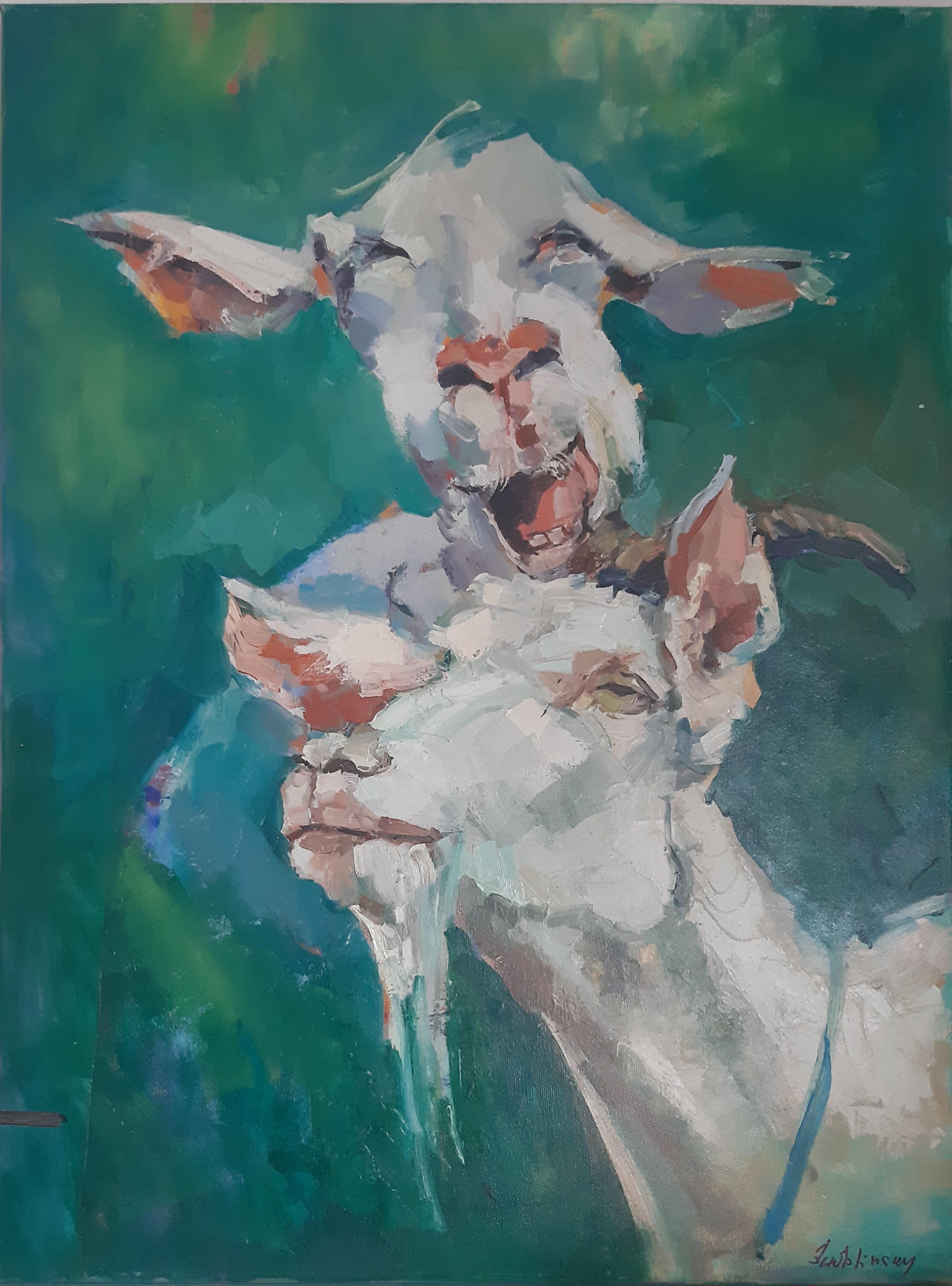 Max Skoblinsky Animal Painting - Merry Goats: Juicy Pastoral.  Oil painting with Goats . Farm animal art