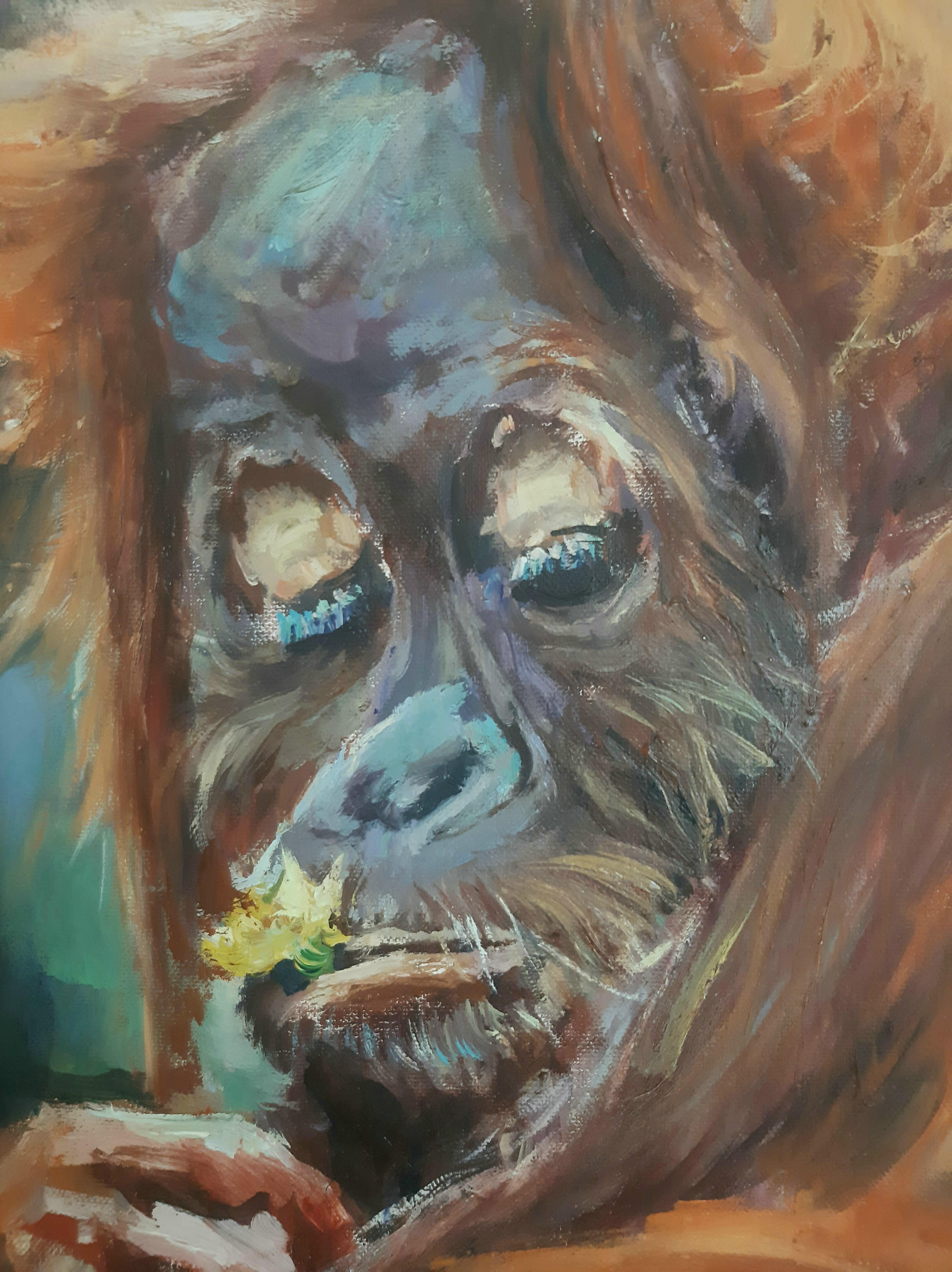 La peinture d'un orang-outan plongé dans ses pensées nous transporte dans le royaume de ses réflexions intérieures. Le visage de l'orang-outan transmet un mélange unique d'émotions - étonnement, tranquillité, et simultanément une profonde humeur