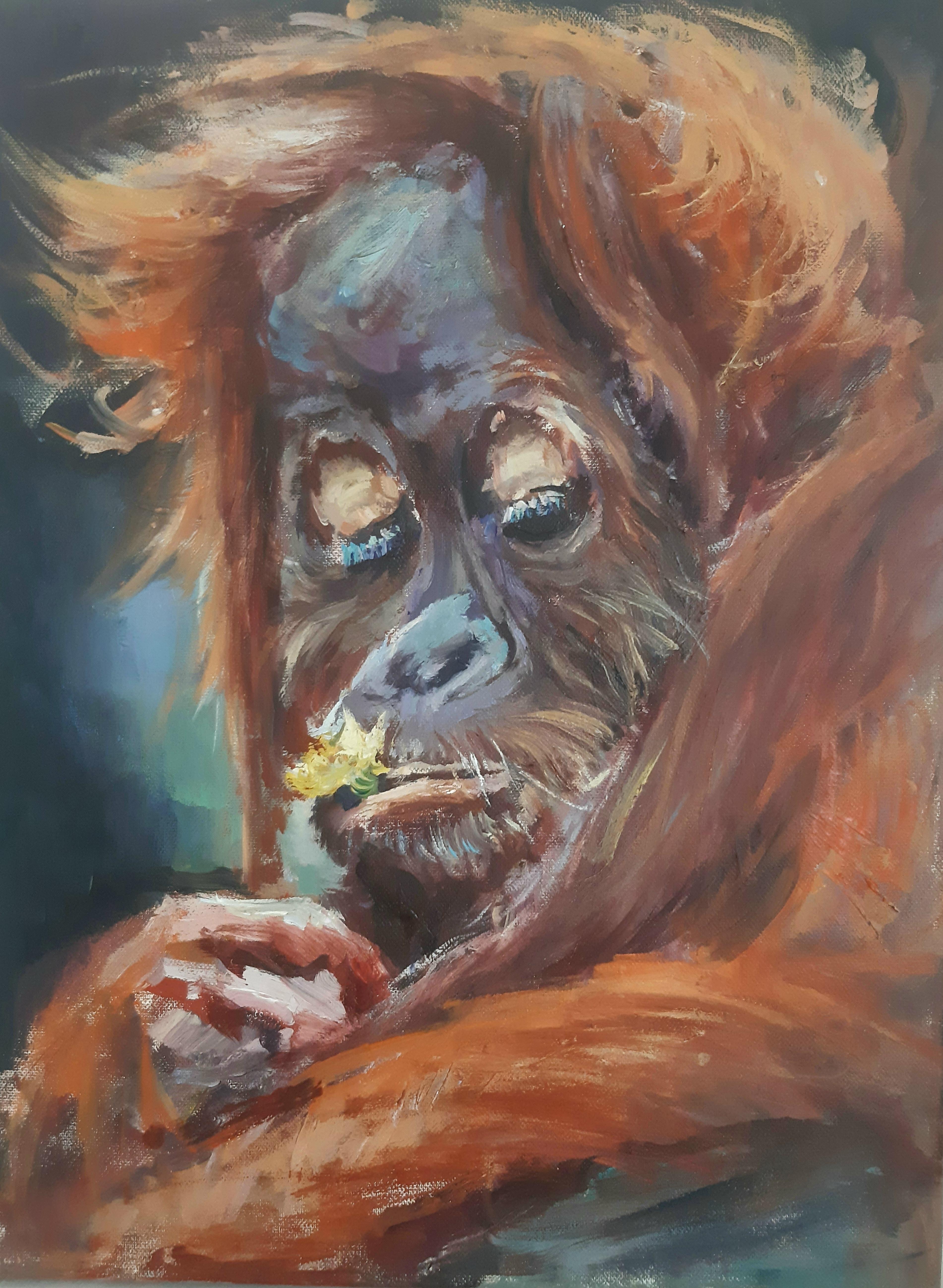 Orangutan-Tierkunst, Original-Ölgemälde von Max Skoblinsky
