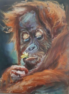 Art animalier orangutan - Peinture à l'huile originale de Max Skoblinsky