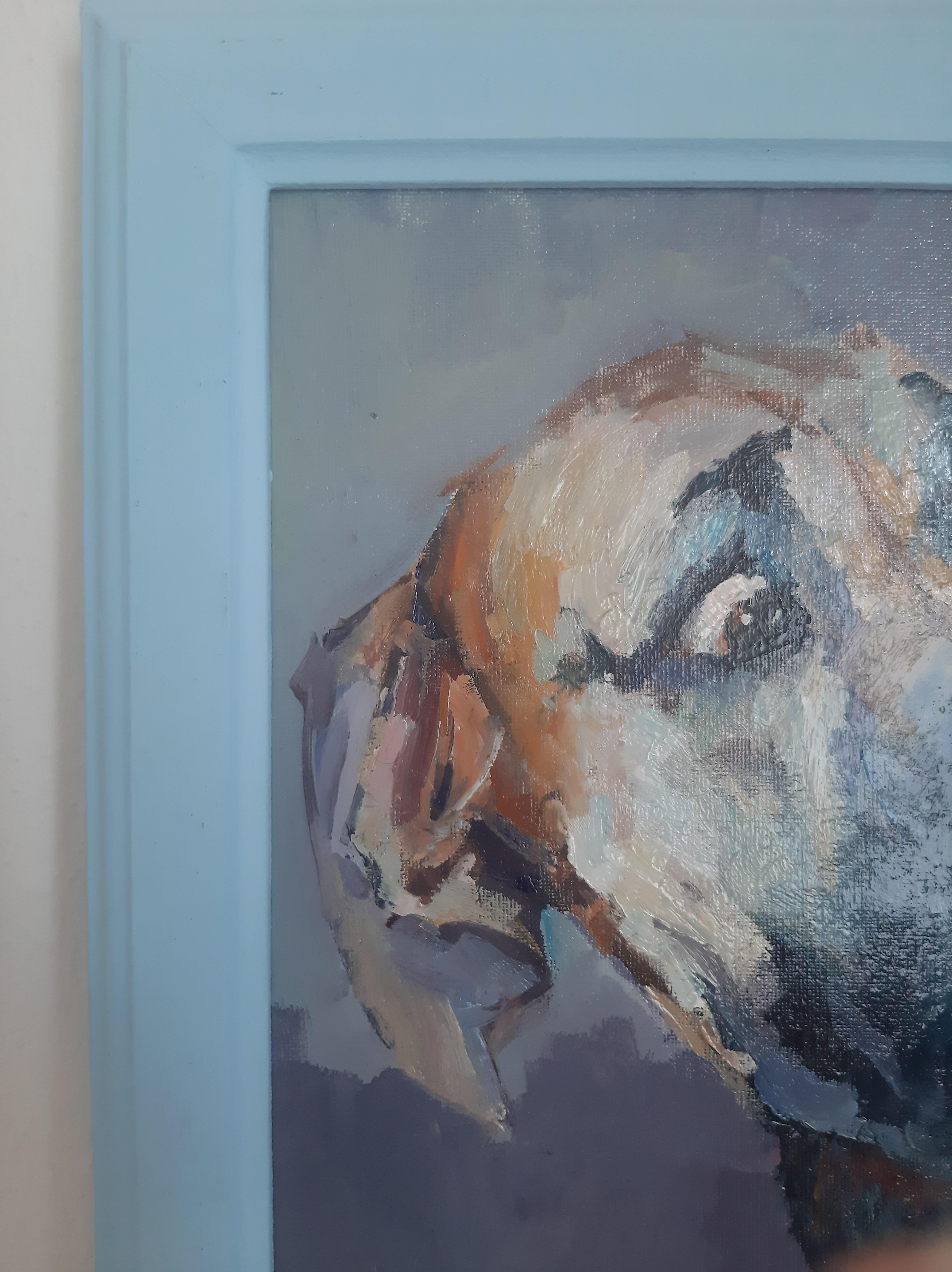 In this painting with a portrait of a dog, we see a focused gaze that seems to breathe with vivid emotions. The animal's face expresses genuine astonishment and bewilderment. The gaze is filled with deep interest as if the dog is attempting to