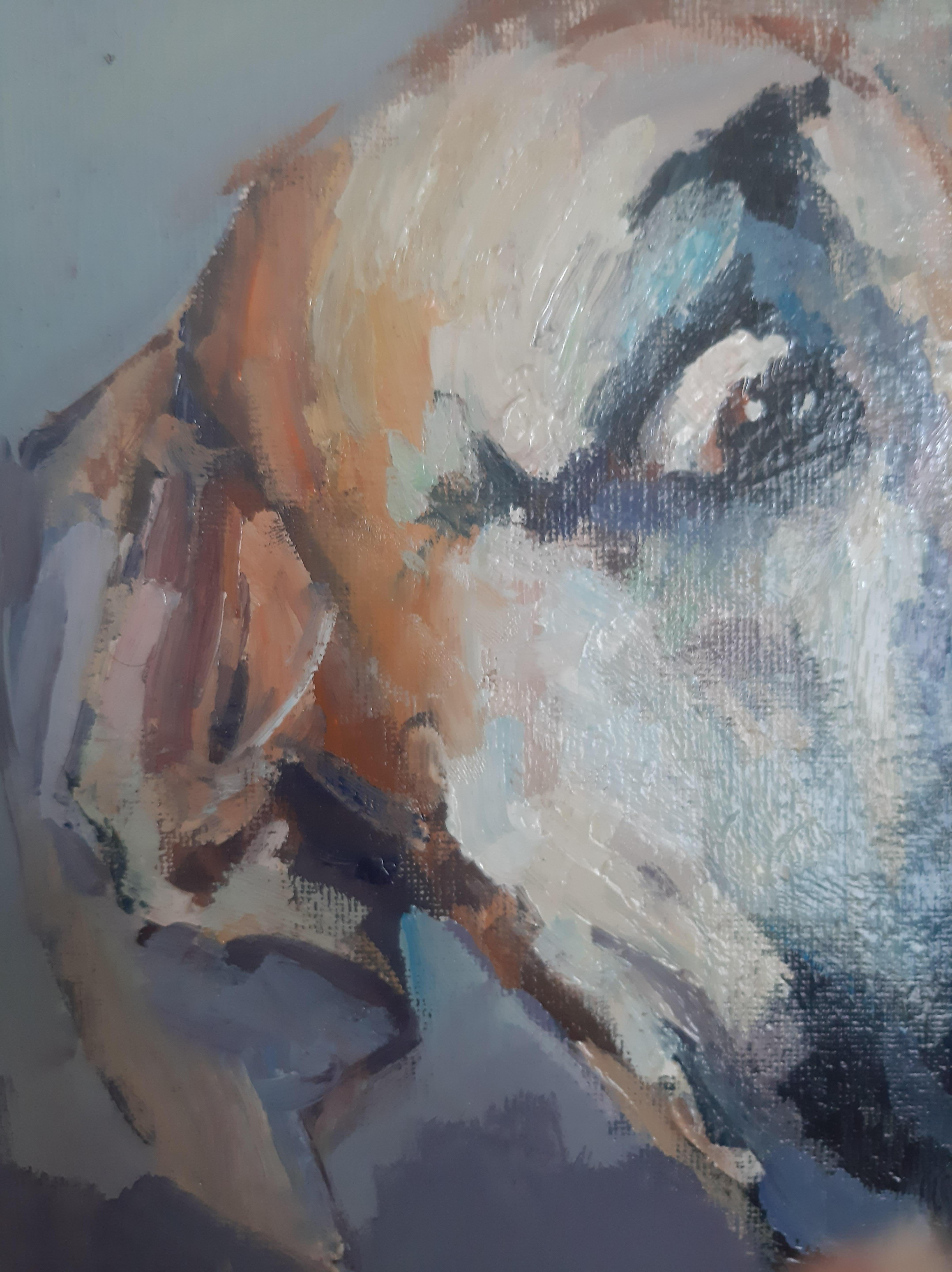 Reflection de l'émerveillement : Canine Gaze at What's Happeninging ». Impression sur toile. CHIEN. - Post-impressionnisme Print par Max Skoblinsky