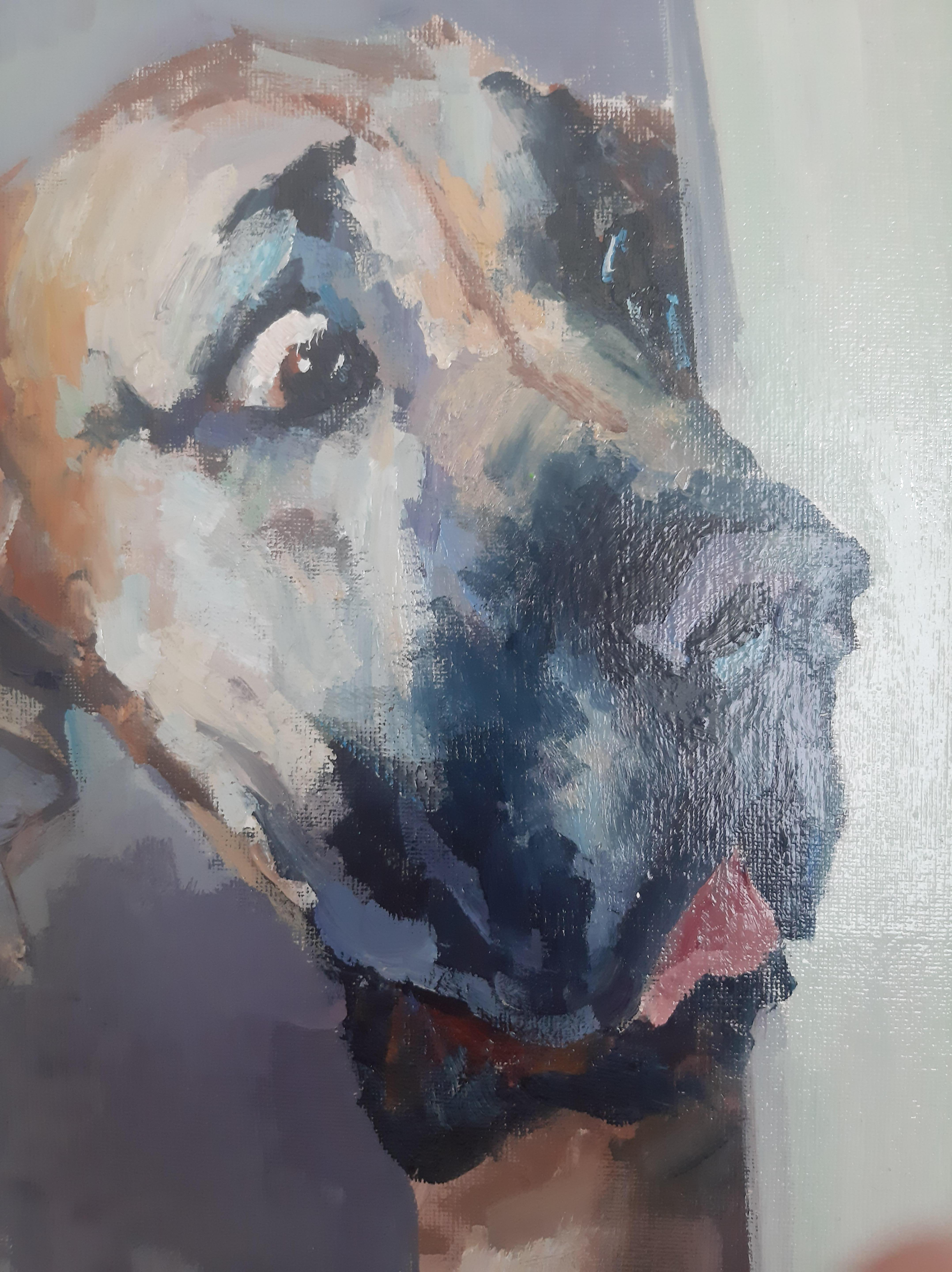 Dans ce tableau représentant le portrait d'un chien, nous voyons un regard concentré qui semble respirer de vives émotions. Le visage de l'animal exprime un véritable étonnement et une grande perplexité. Le regard est empreint d'un intérêt profond,