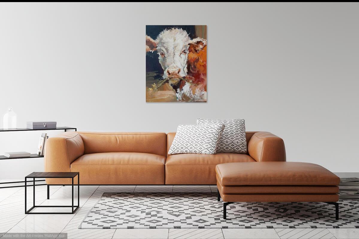 The Candid Calf: Blumen für Mutter. Ölgemälde mit Kuh. Bauernhof-Tierkunst (Post-Impressionismus), Painting, von Max Skoblinsky