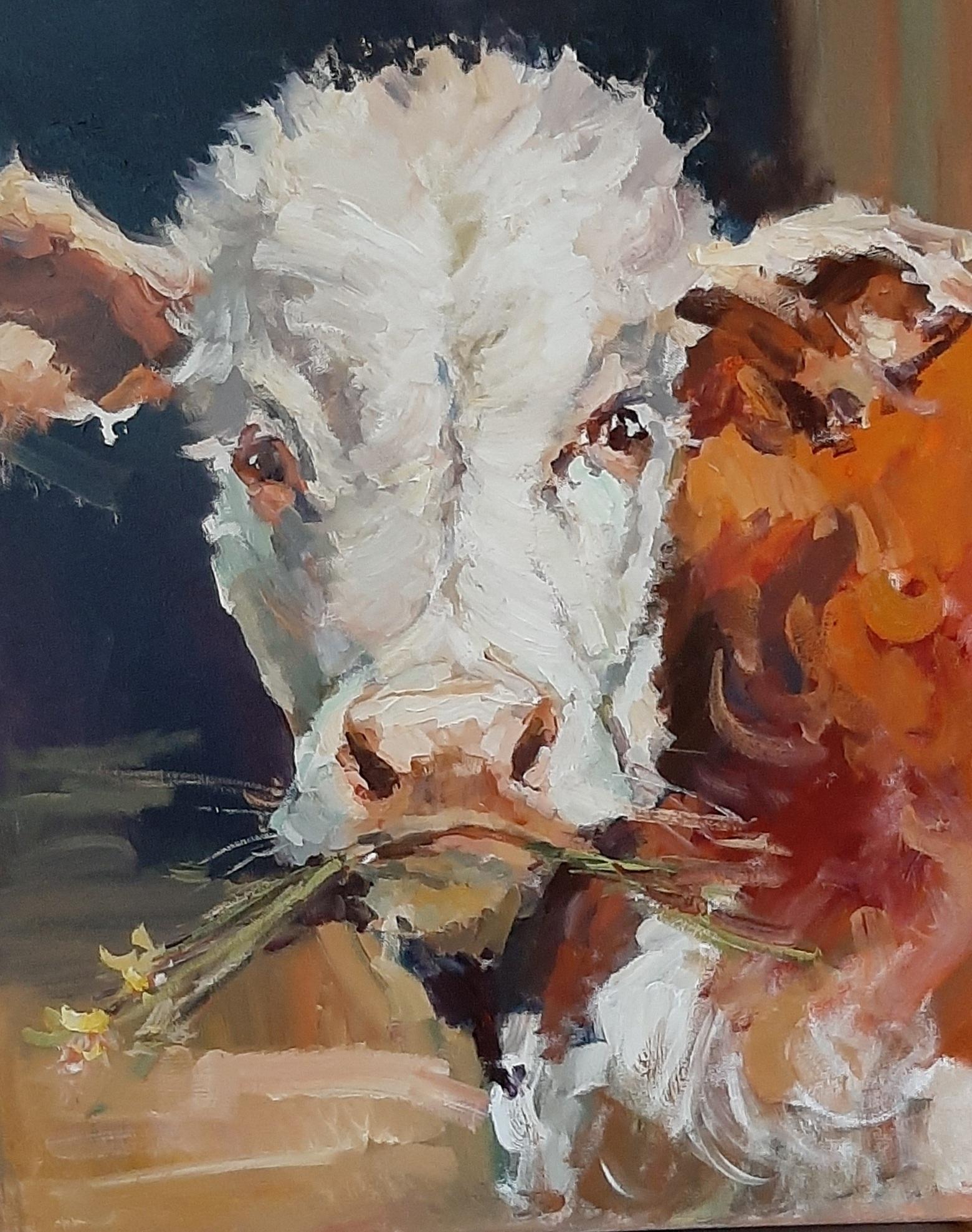 Max Skoblinsky Animal Painting – The Candid Calf: Blumen für Mutter. Ölgemälde mit Kuh. Bauernhof-Tierkunst