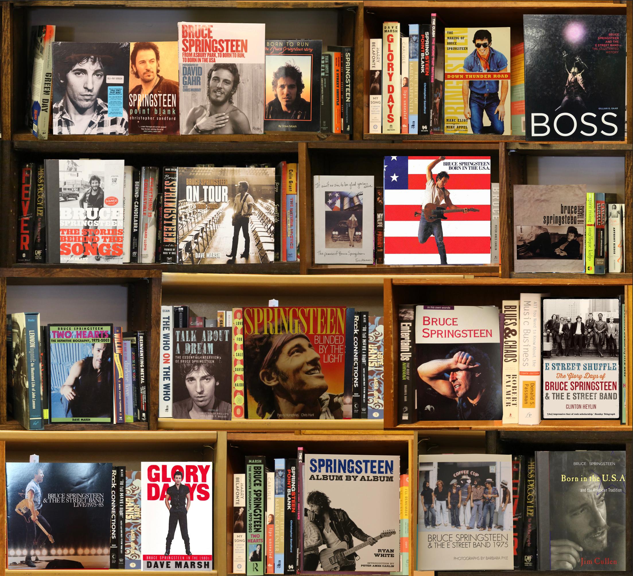 Boss (Bruce Springsteen) 4/5 BookScape von Max Steven Grossman 

Individuell fotografierte Bücher und Bücherregale. Mit Büchern und Alben von Bruce Springsteen. 

In seiner Fotoserie "Bookscapes" existieren die versammelten Bibliotheken nur in