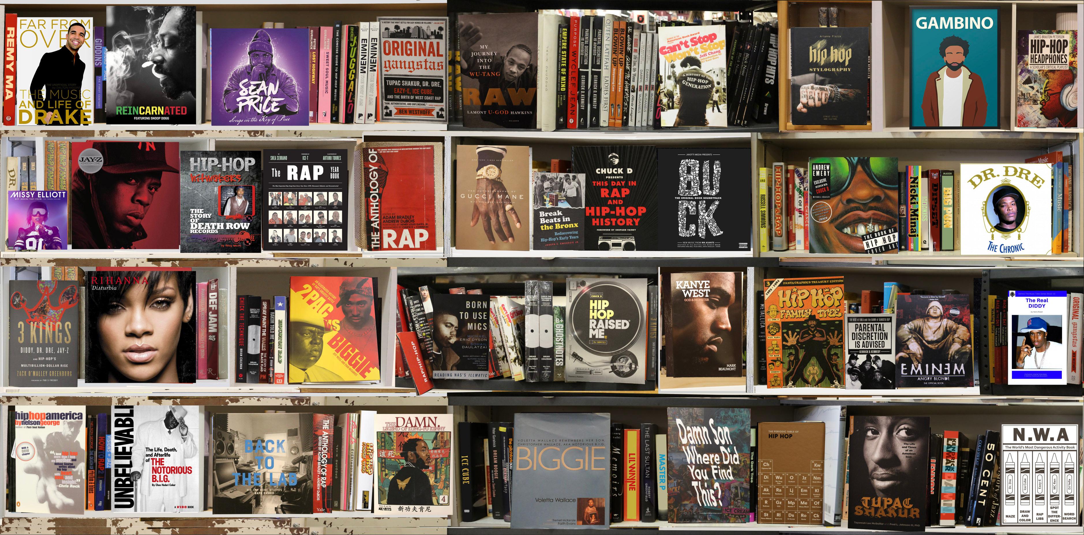 Hip Hop Musik BookScape von Max Steven Grossman 

Individuell fotografierte Bücher und Bücherregale. Mit Kanye West, Gambino, Drake, Rihanna, 2Pac und anderen. Biggie, Gucci Mane, und Dr. Dre. 

In seiner Fotoserie "Bookscapes" existieren die