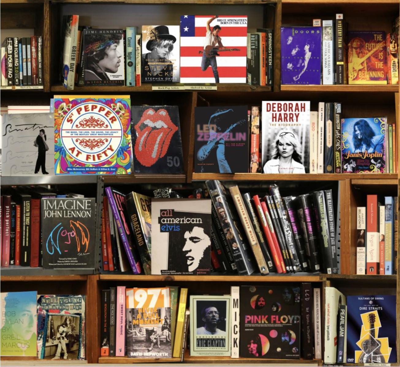 Rock SQ BookScape by Max Steven Grossman 

Individually photographed books and bookshelves. Featuring Rock & Roll artists

In his photographic series of "Bookscapes" the assembled libraries only exist in his photographs.  From photos of different