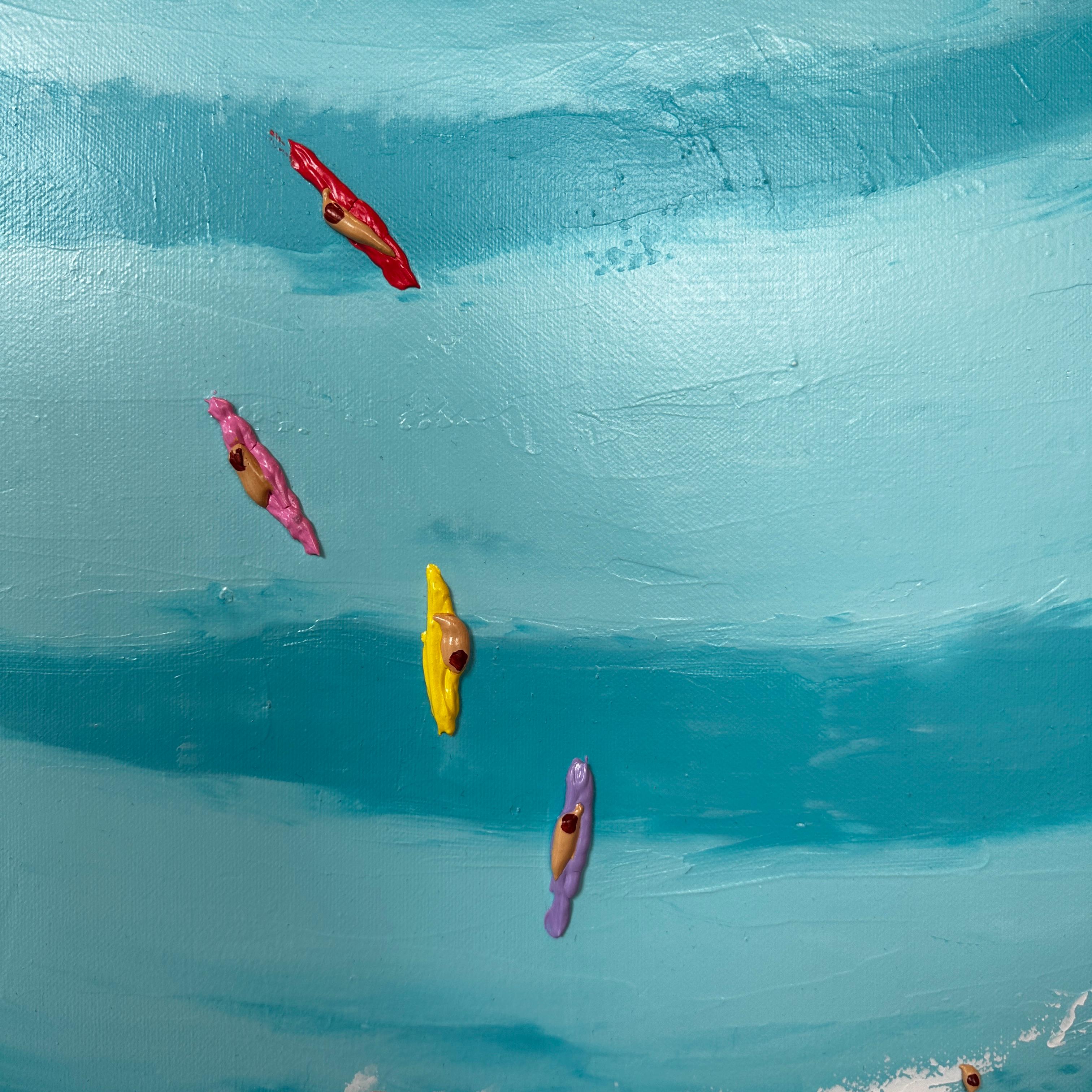 Peinture contemporaine colorée en 3D représentant la mer, le sable et des personnages, bleu - Painting de Max Todd