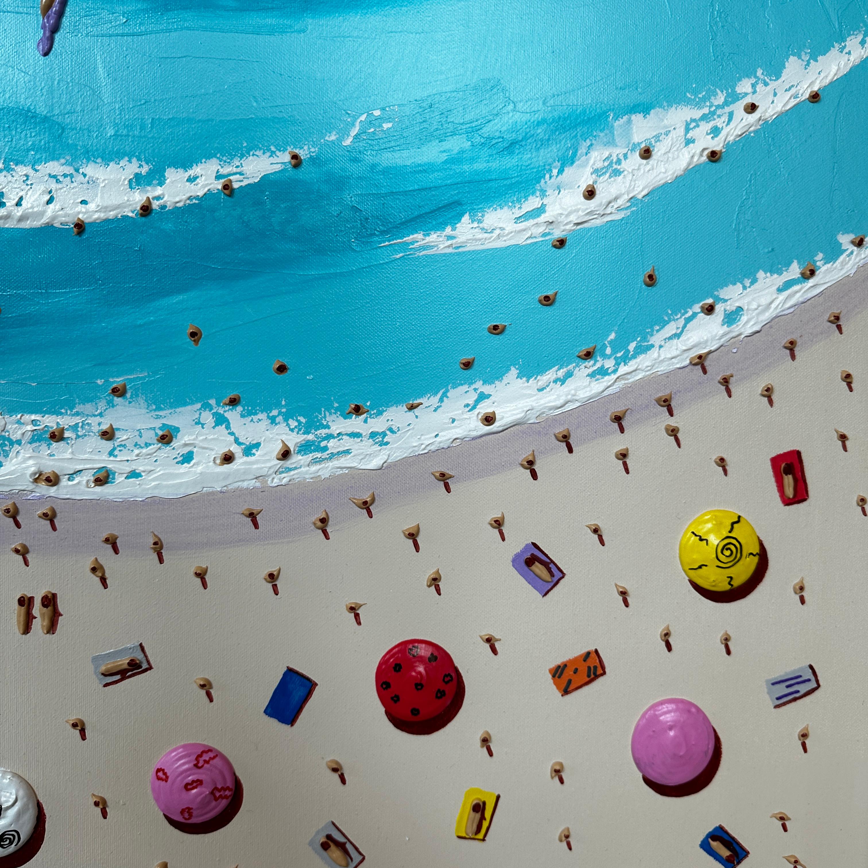 Peinture contemporaine colorée en 3D représentant la mer, le sable et des personnages, bleu - Contemporain Painting par Max Todd