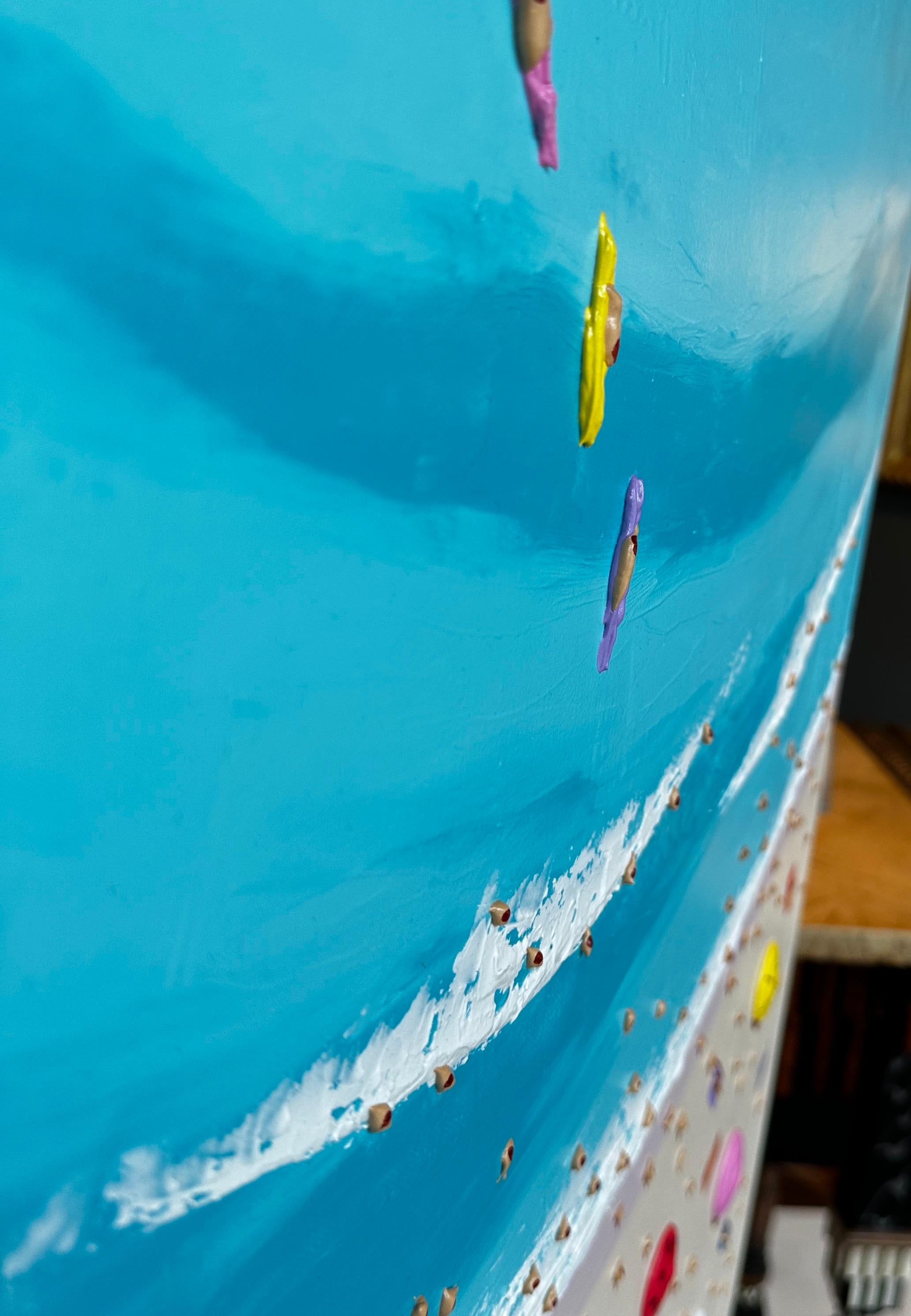 Peinture contemporaine colorée en 3D représentant la mer, le sable et des personnages, bleu en vente 2