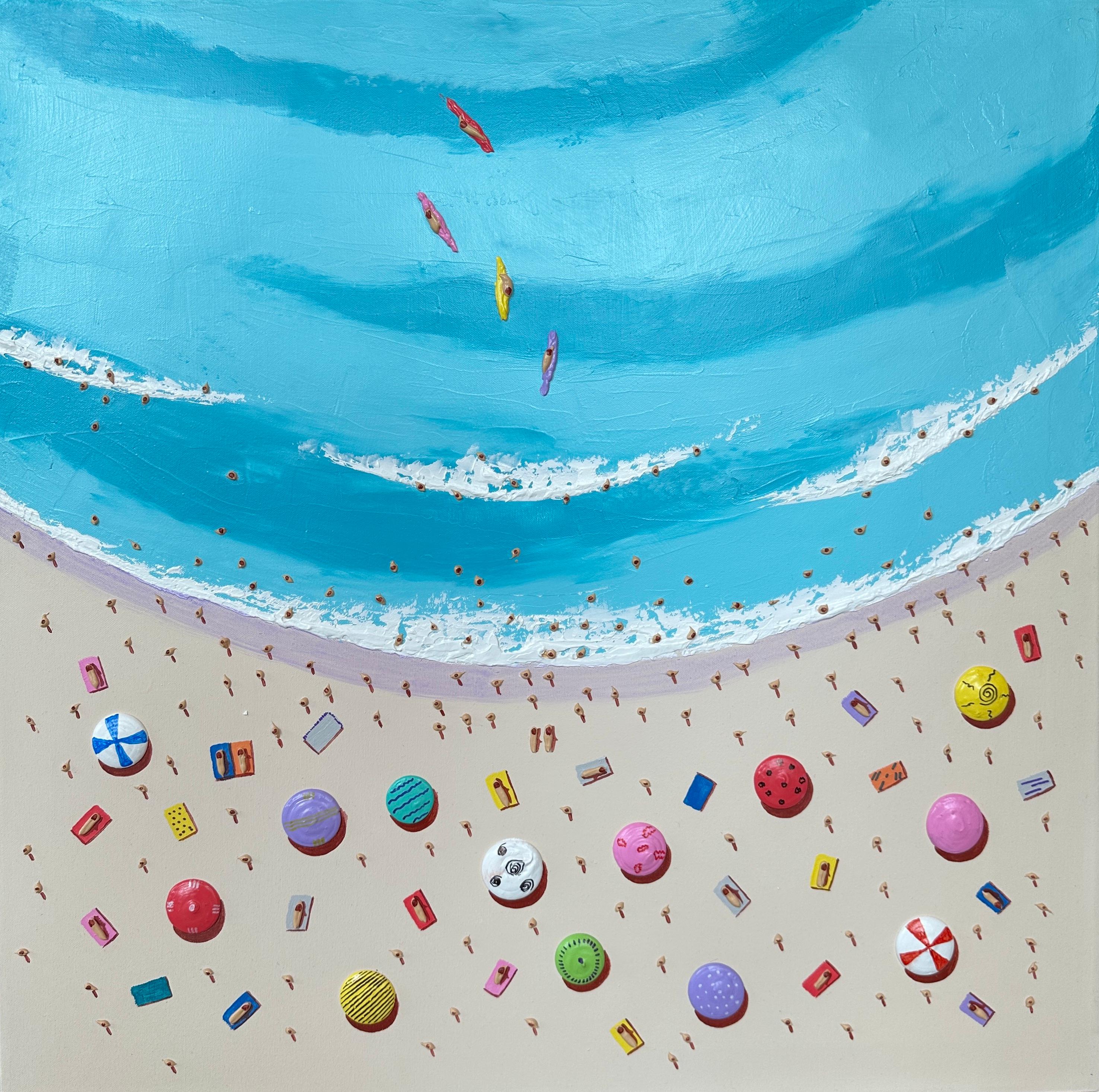 Figurative Painting Max Todd - Peinture contemporaine colorée en 3D représentant la mer, le sable et des personnages, bleu