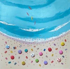 Peinture contemporaine colorée en 3D représentant la mer, le sable et des personnages, bleu