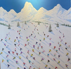 'Between the Peaks' Contemporary 3D painting of skiers on a mountain, white