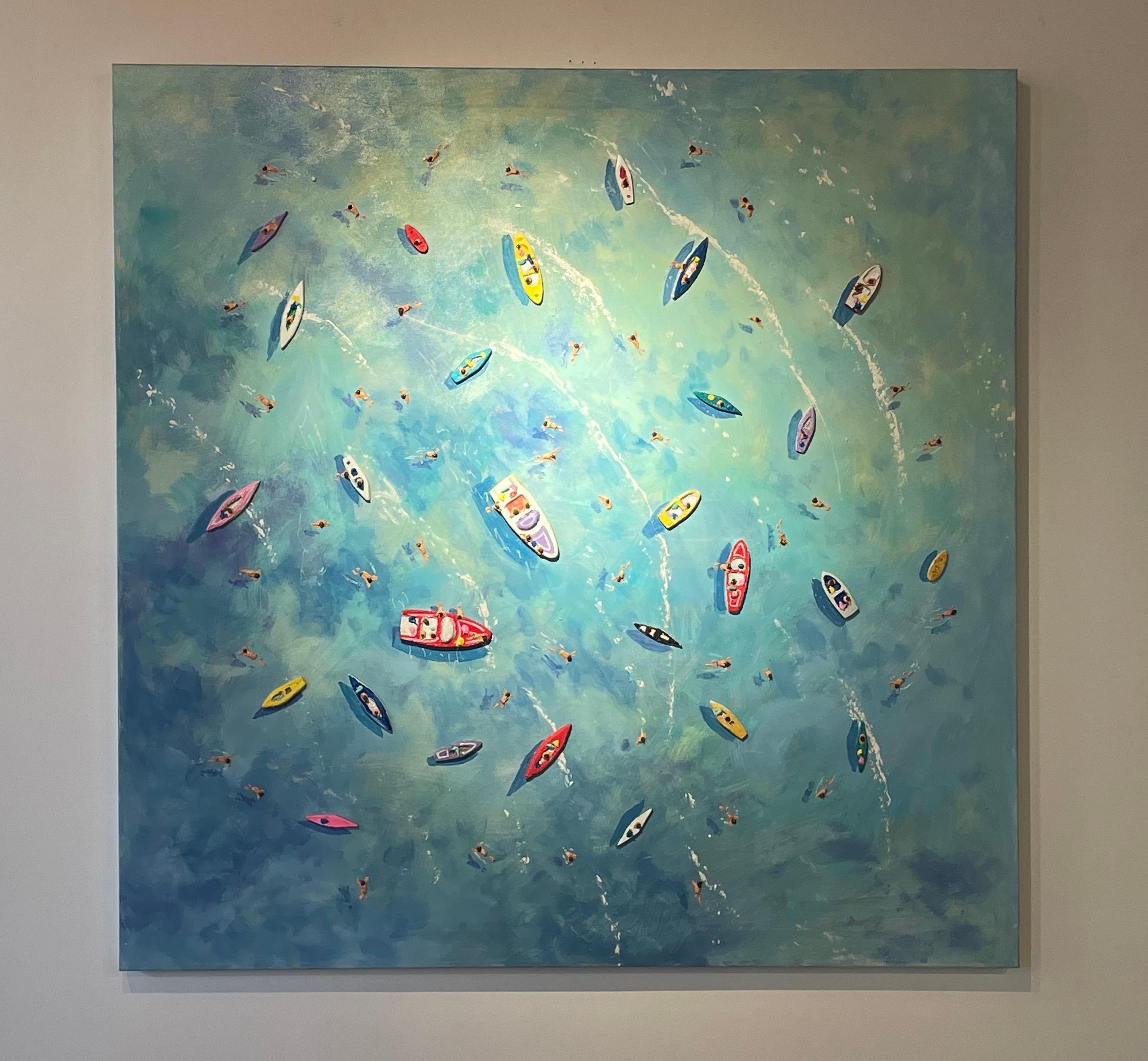 Peinture contemporaine colorée en 3D « Big Blue » représentant la mer, les bateaux et les personnages - Painting de Max Todd