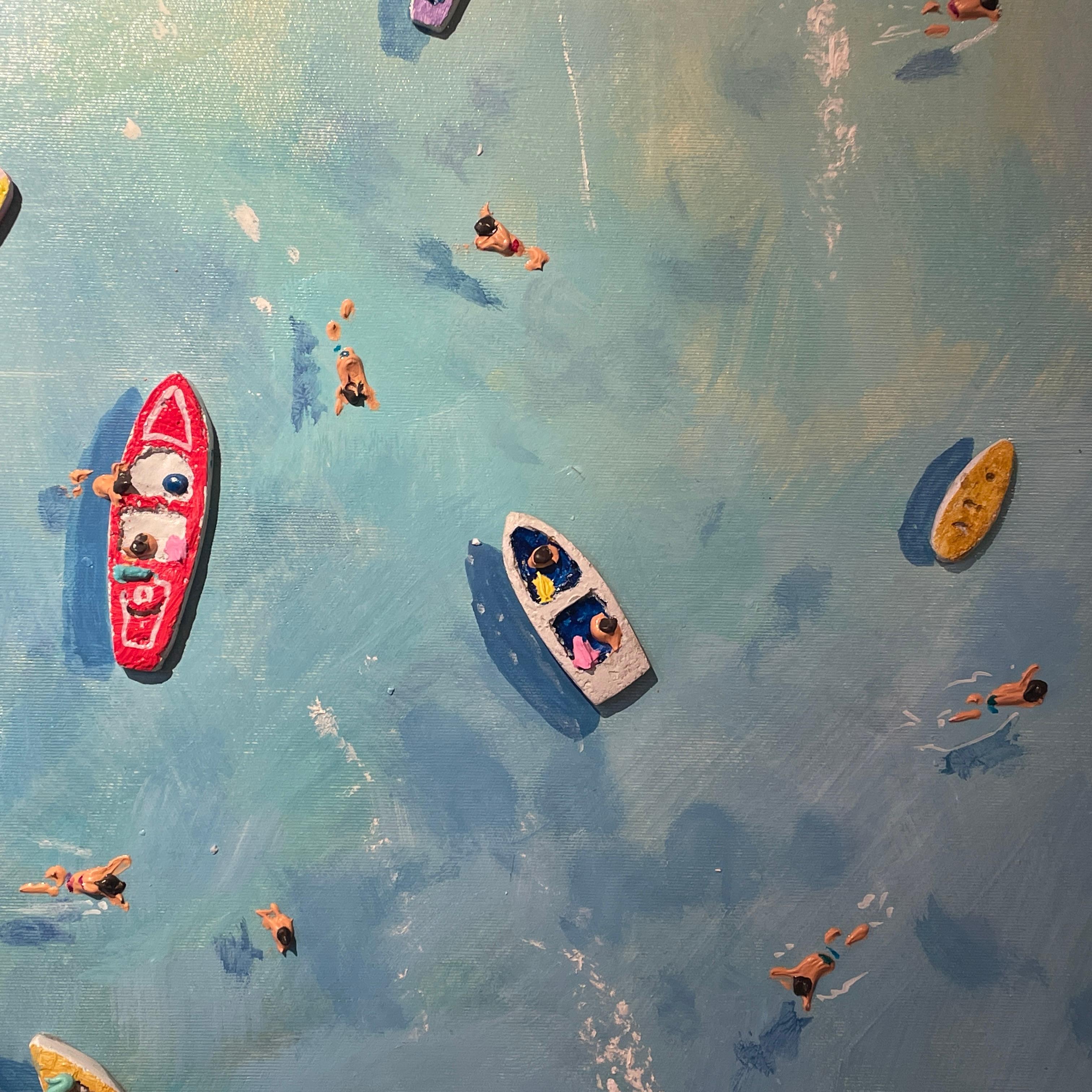'Big Blue' Contemporary Colourful 3D Painting of sea, boats and figures, water For Sale 1