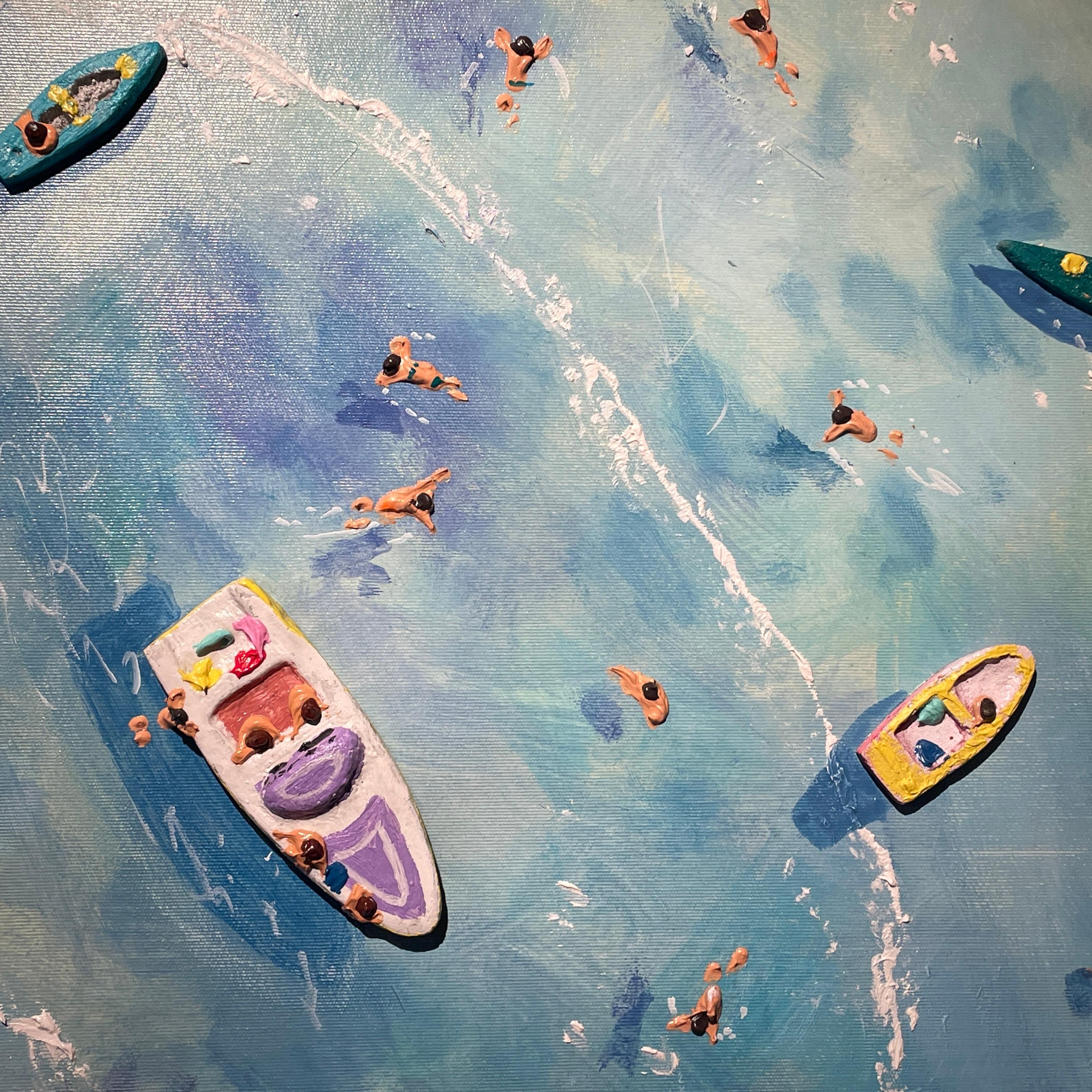 'Big Blue' Contemporary Colourful 3D Painting of sea, boats and figures, water For Sale 2