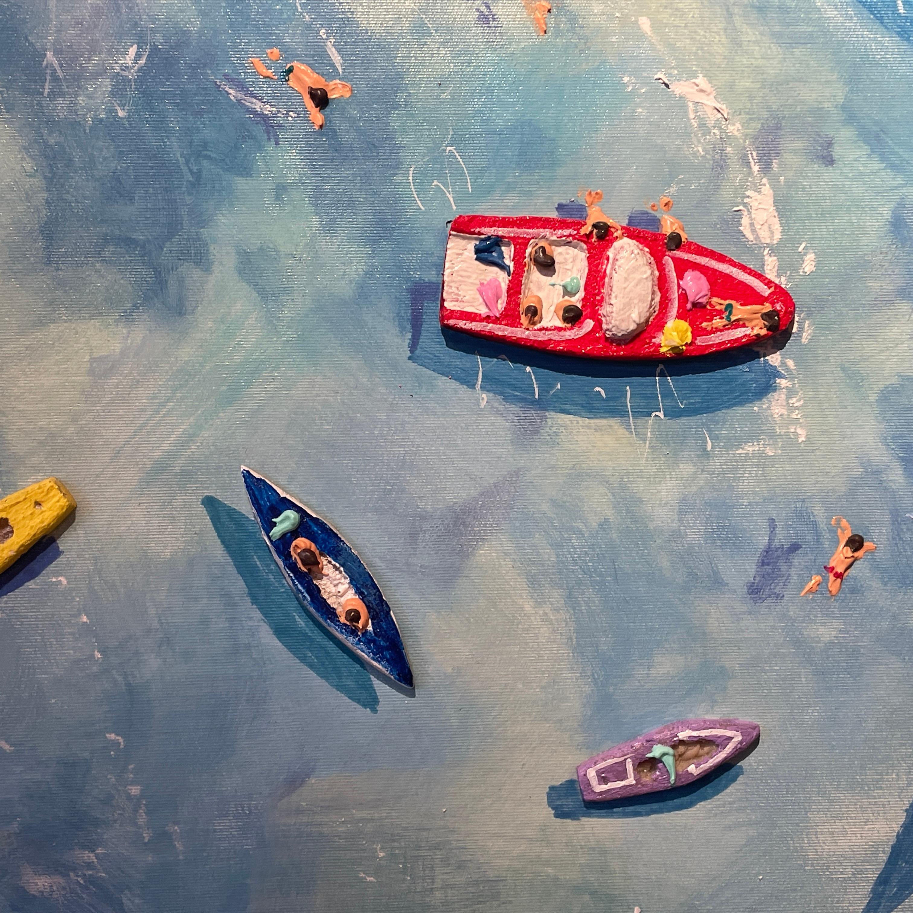 'Big Blue' Contemporary Colourful 3D Painting of sea, boats and figures, water For Sale 3