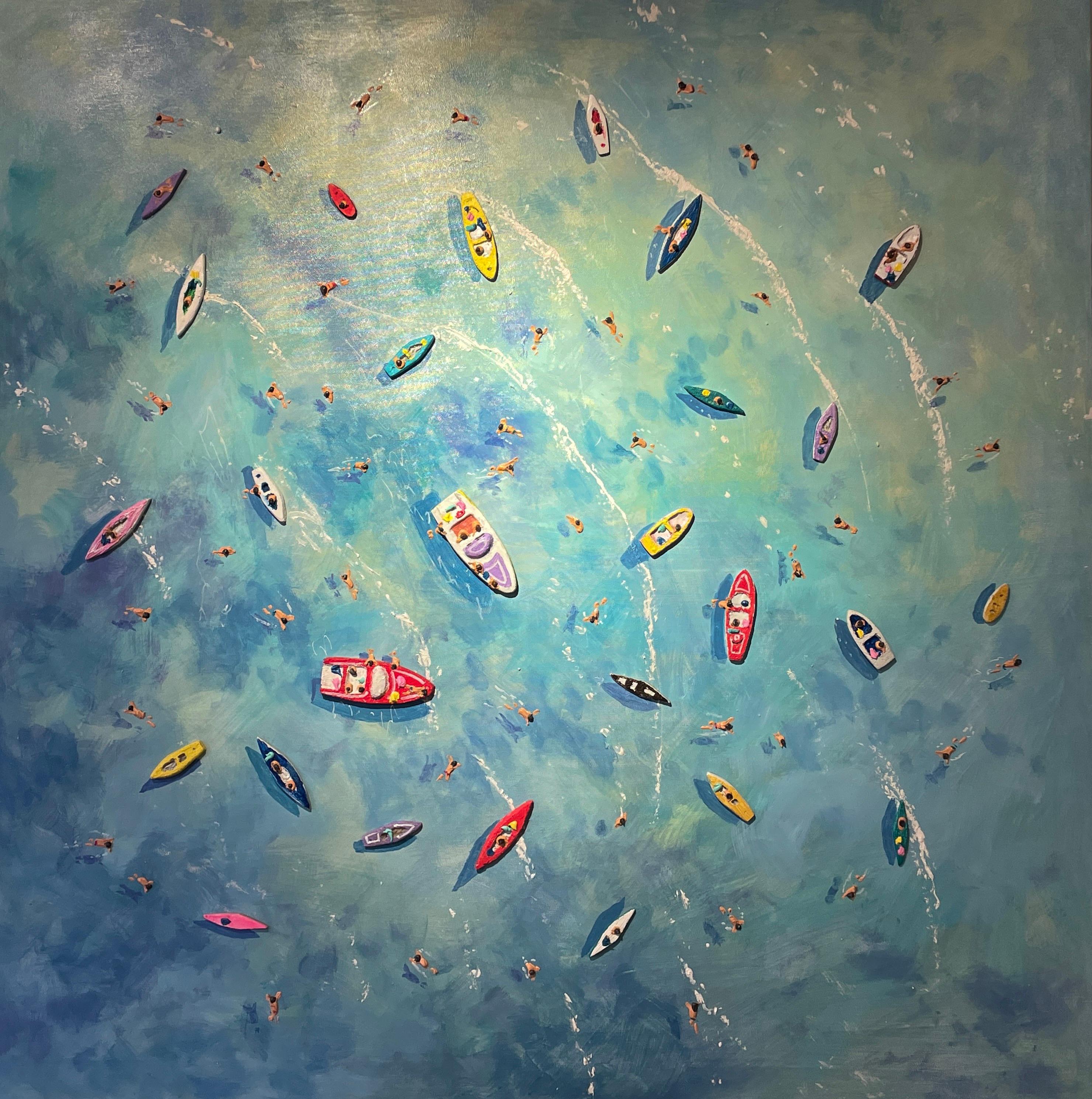 Figurative Painting Max Todd - Peinture contemporaine colorée en 3D « Big Blue » représentant la mer, les bateaux et les personnages