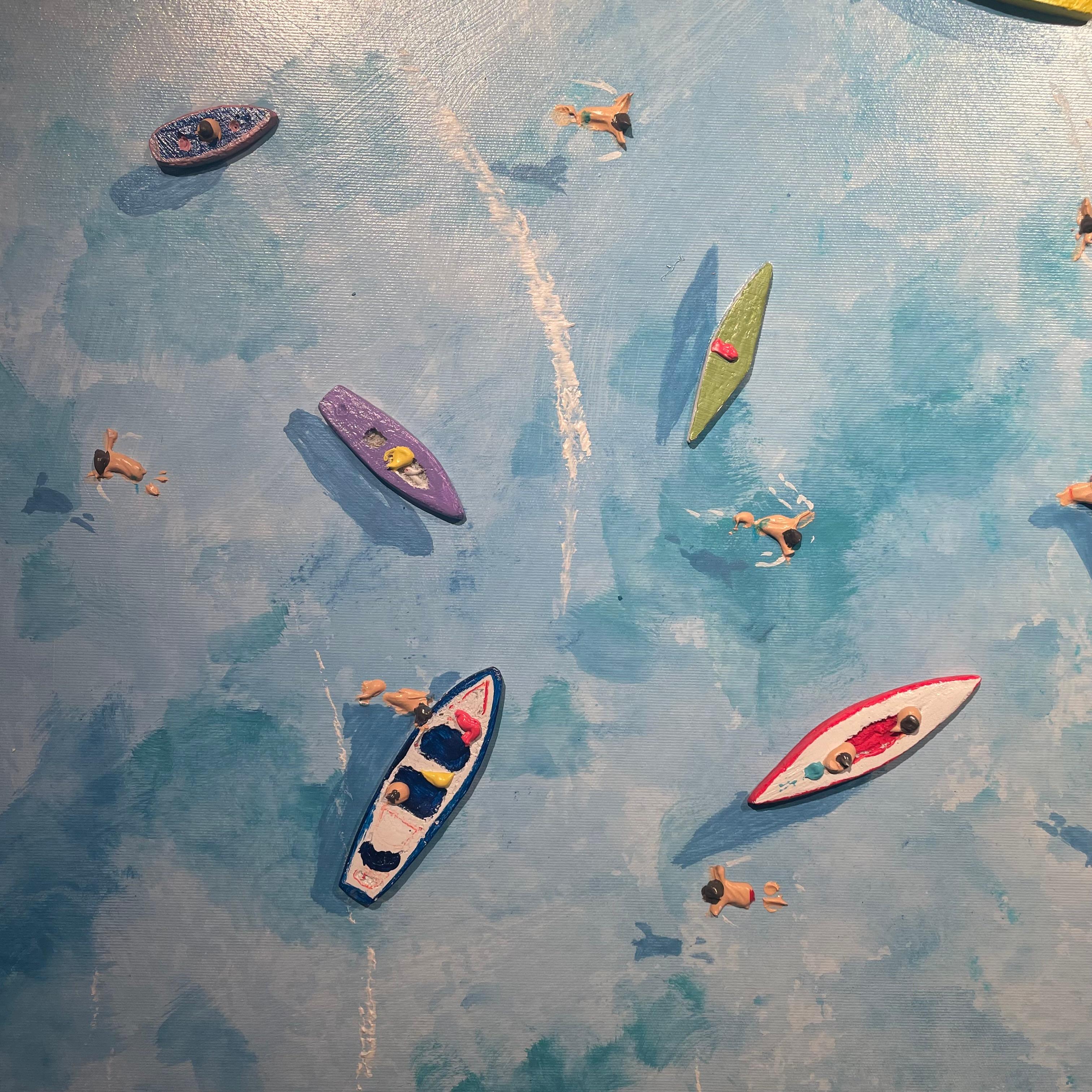 « Boating Around », peinture contemporaine colorée en 3D représentant des bateaux et des personnages dans l'eau - Contemporain Painting par Max Todd