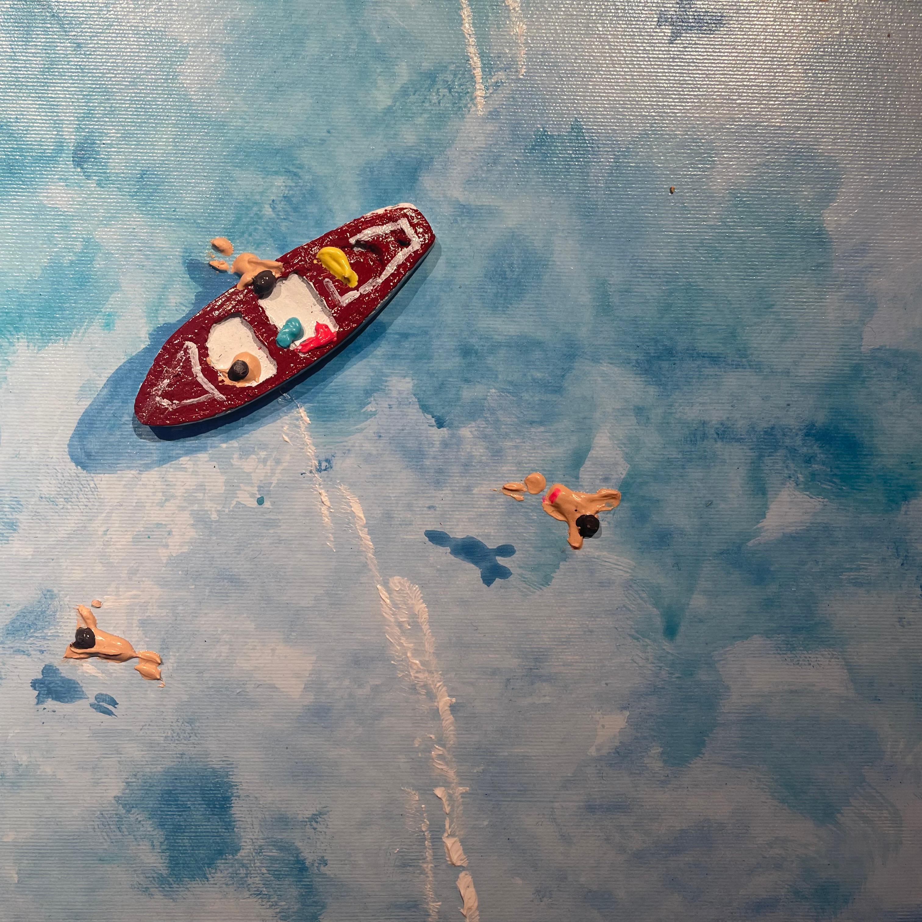 « Boating Around », peinture contemporaine colorée en 3D représentant des bateaux et des personnages dans l'eau - Gris Landscape Painting par Max Todd