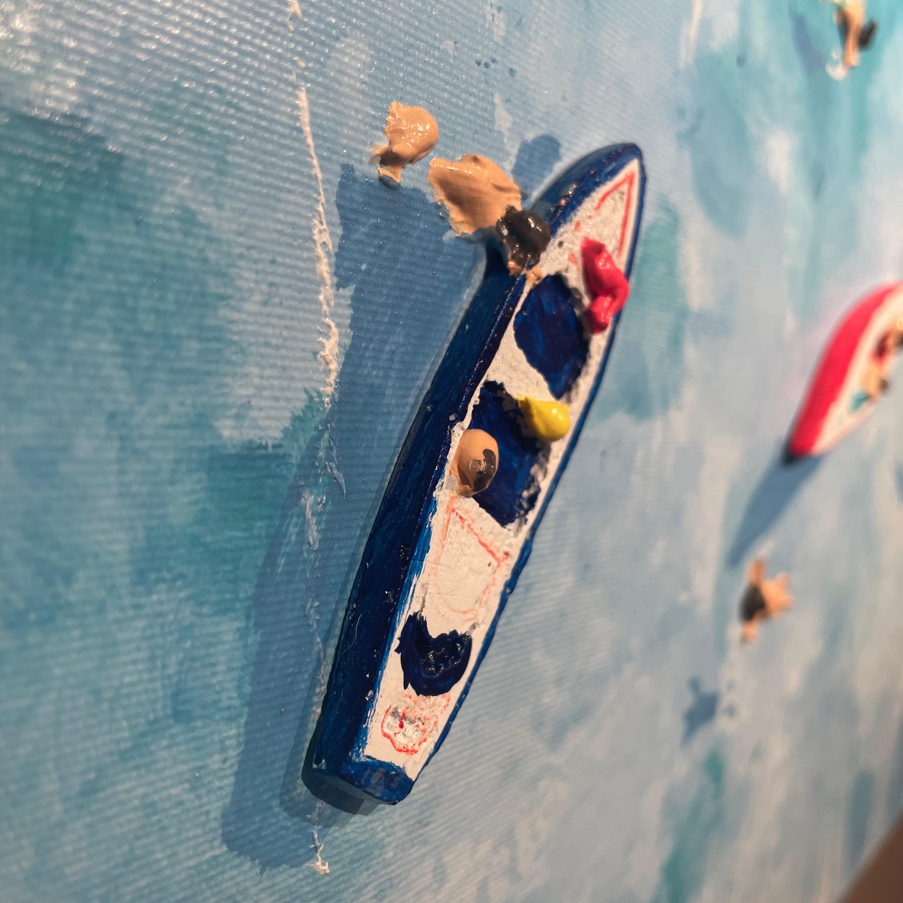 « Boating Around », peinture contemporaine colorée en 3D représentant des bateaux et des personnages dans l'eau en vente 2
