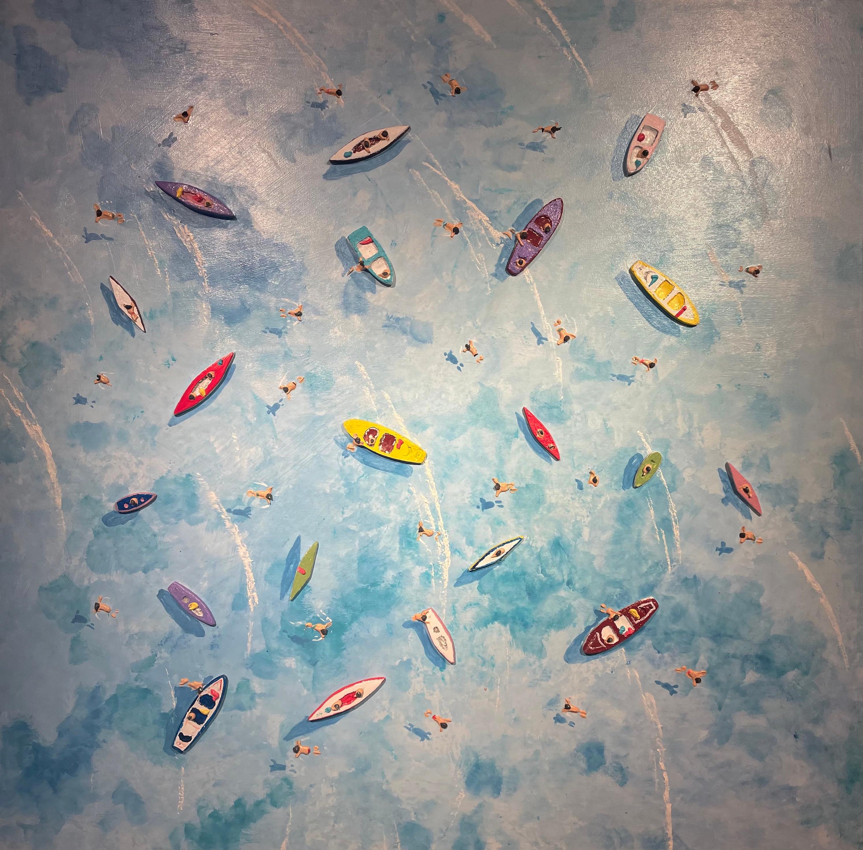 Landscape Painting Max Todd - « Boating Around », peinture contemporaine colorée en 3D représentant des bateaux et des personnages dans l'eau