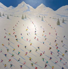 'Down the Slopes' Colourful Contemporary 3D Ski Scene with trees & mountains