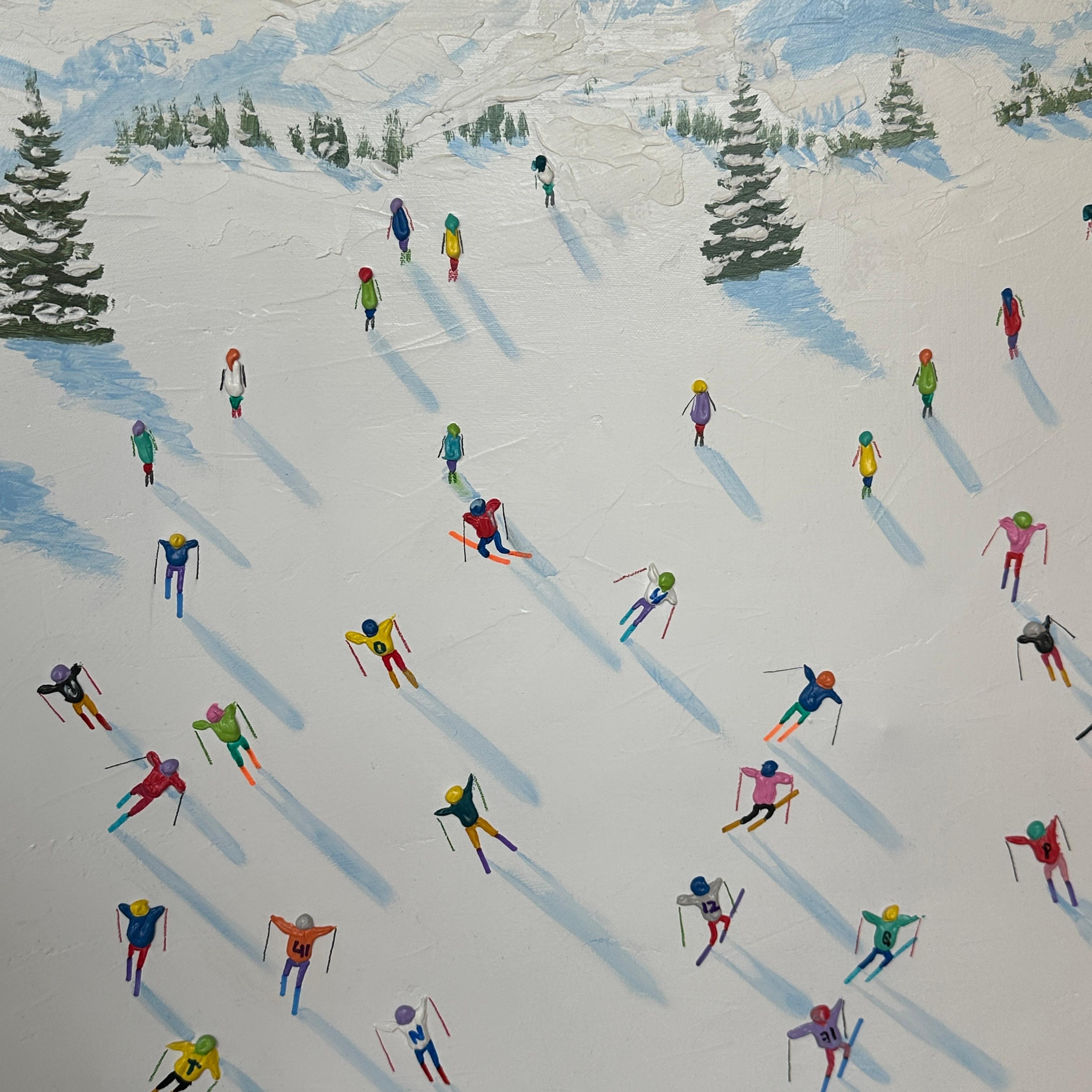 'Down the Slopes' Contemporary landscape painting of figures on skiis, mountains - Painting by Max Todd