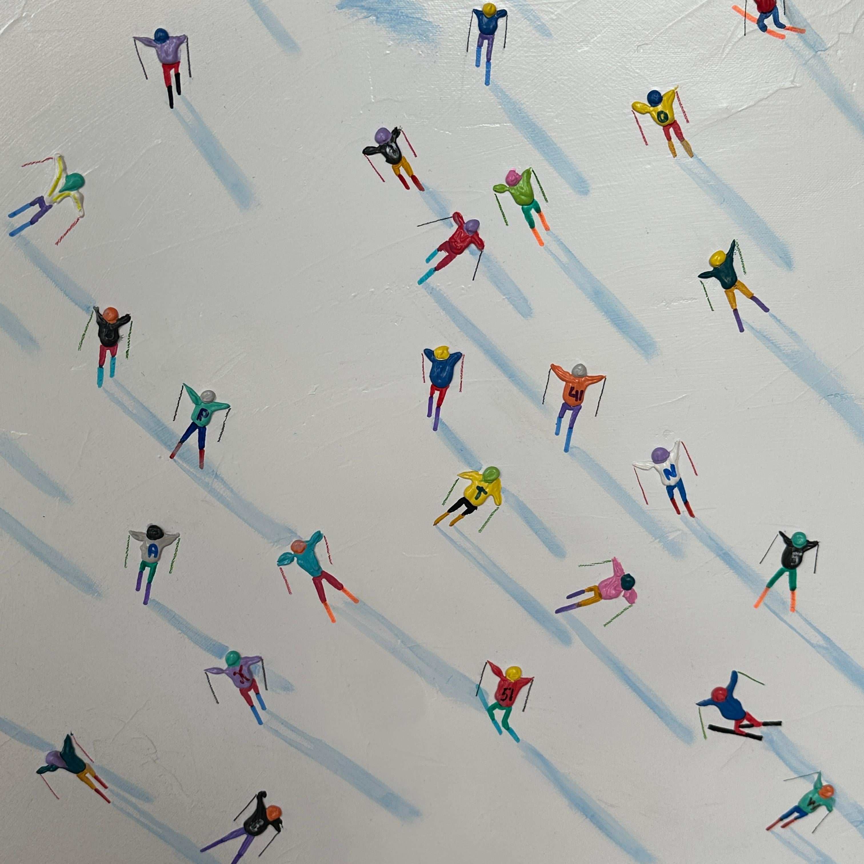 Peinture de paysage contemporaine « Down the Slopes » représentant des personnages sur des skis, des montagnes - Contemporain Painting par Max Todd